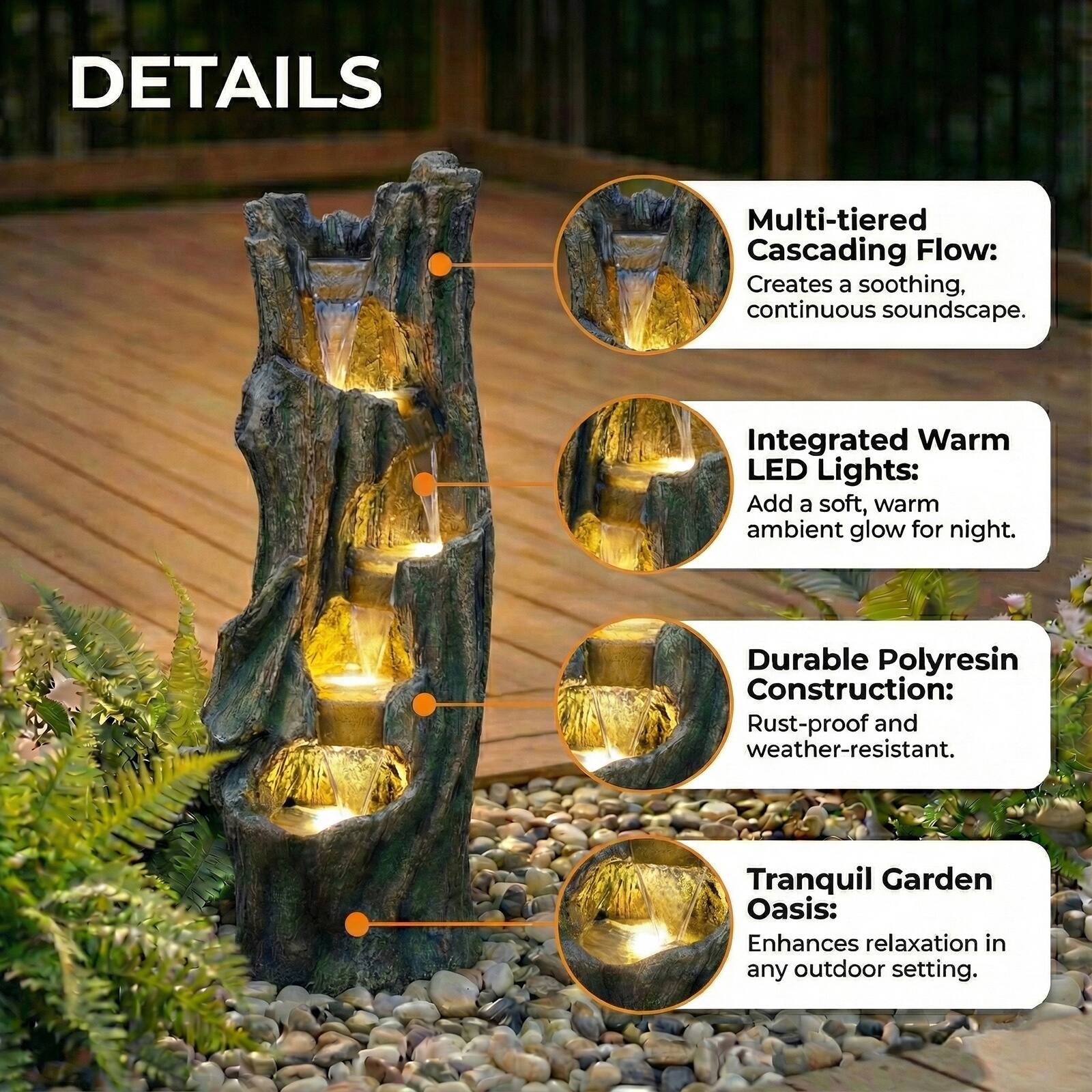 DETAILS

- Multi-tiered Cascading Flow: Creates a soothing, continuous soundscape.
- Integrated Warm LED Lights: Add a soft, warm ambient glow for night.
- Durable Polyresin Construction: Rust-proof and weather-resistant.
- Tranquil Garden Oasis: Enhances relaxation in any outdoor setting.