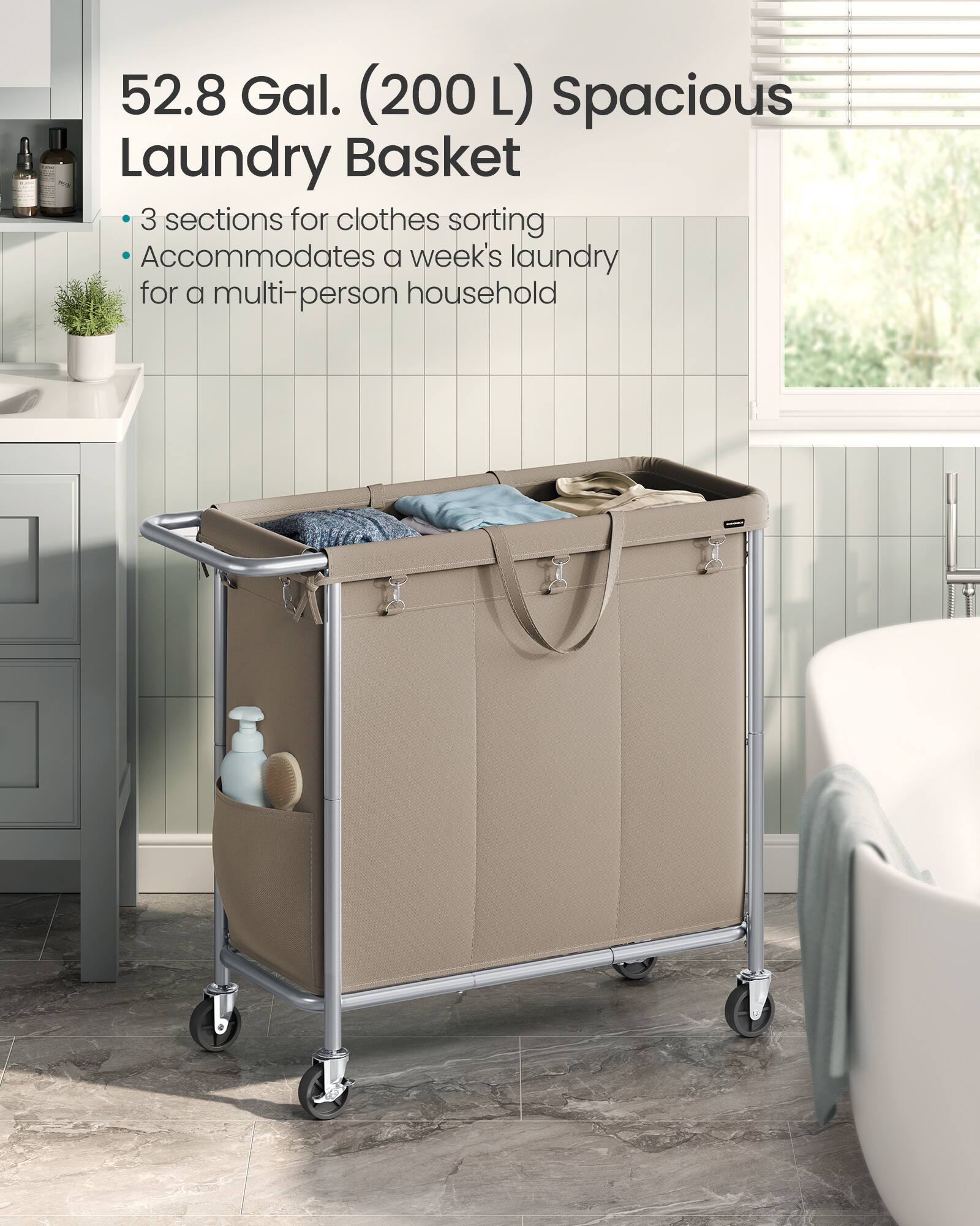52.8 Gal. (200 L) Spacious Laundry Basket

- 3 sections for clothes sorting
- Accommodates a week's laundry for a multi-person household