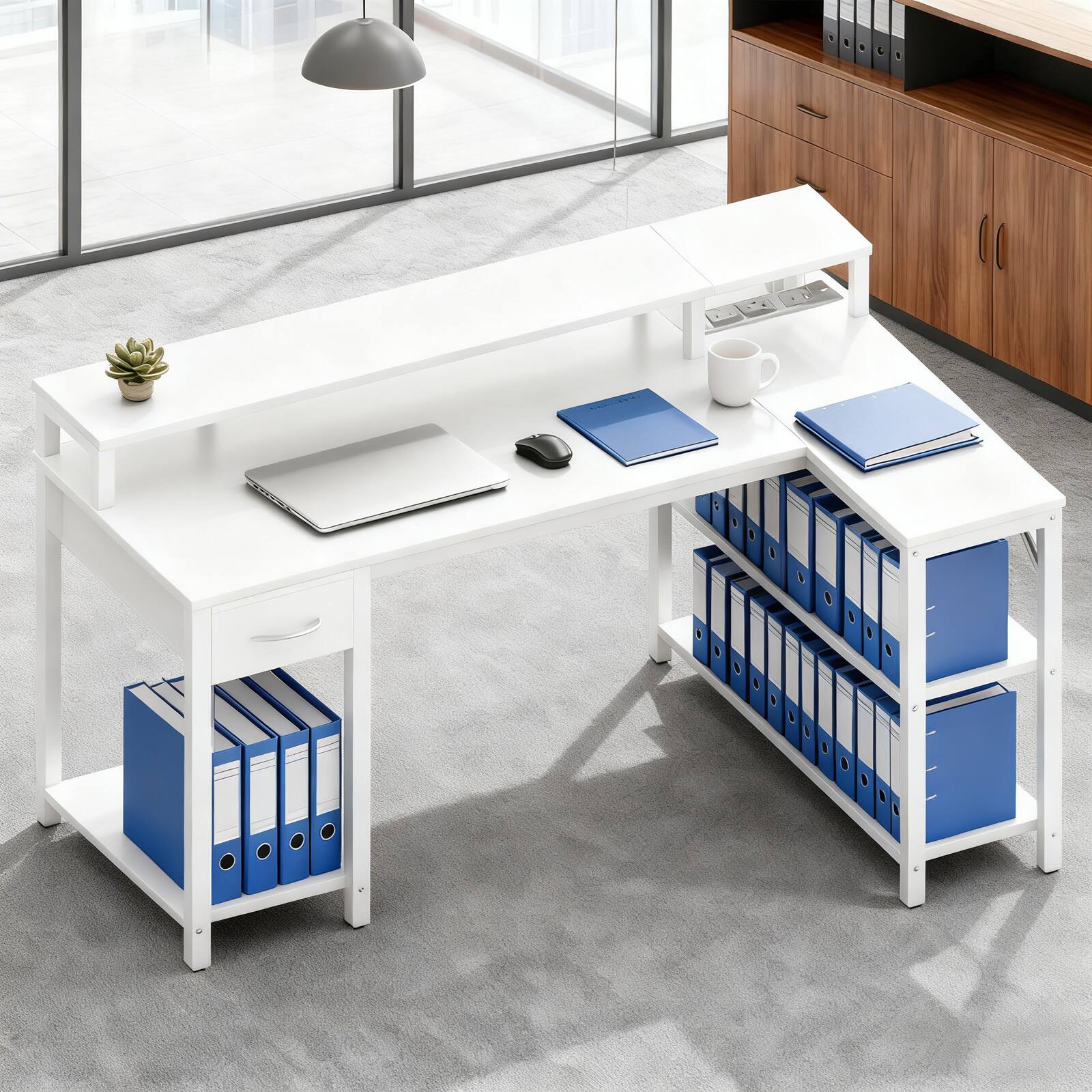 Front. PexFix - L-Shaped Gaming Desk with LED Lights, USB & Power Outlets, 47" Reversible Table with Monitor Stand - White.