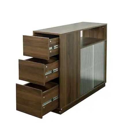 Front. Kadyn - Kitchen Sideboard, Tabletop Cabinet with 2 Glass Sliding Door,3 Side Drawers and 1 small display shelves, Brown - Brown.