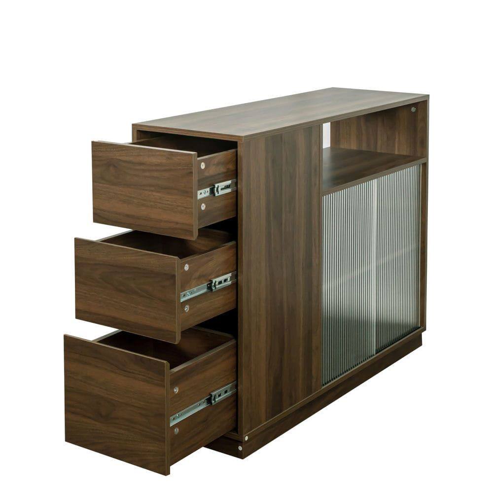 Front. Kadyn - Kitchen Sideboard, Tabletop Cabinet with 2 Glass Sliding Door,3 Side Drawers and 1 small display shelves, Brown - Brown.