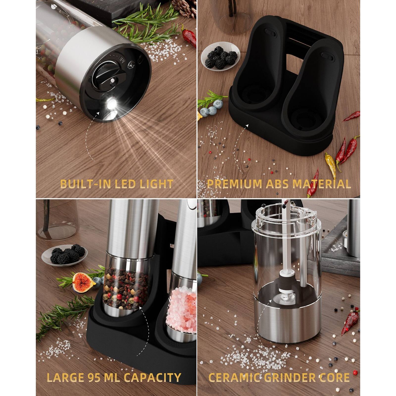BUILT-IN LED LIGHT  
PREMIUM ABS MATERIAL  
LARGE 95 ML CAPACITY  
CERAMIC GRINDER CORE
