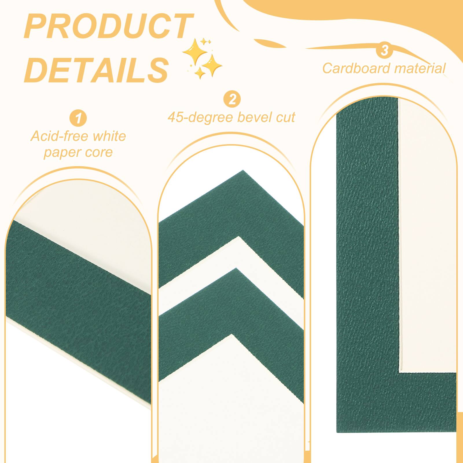 PRODUCT DETAILS

1. Acid-free white paper core

2. 45-degree bevel cut

3. Cardboard material