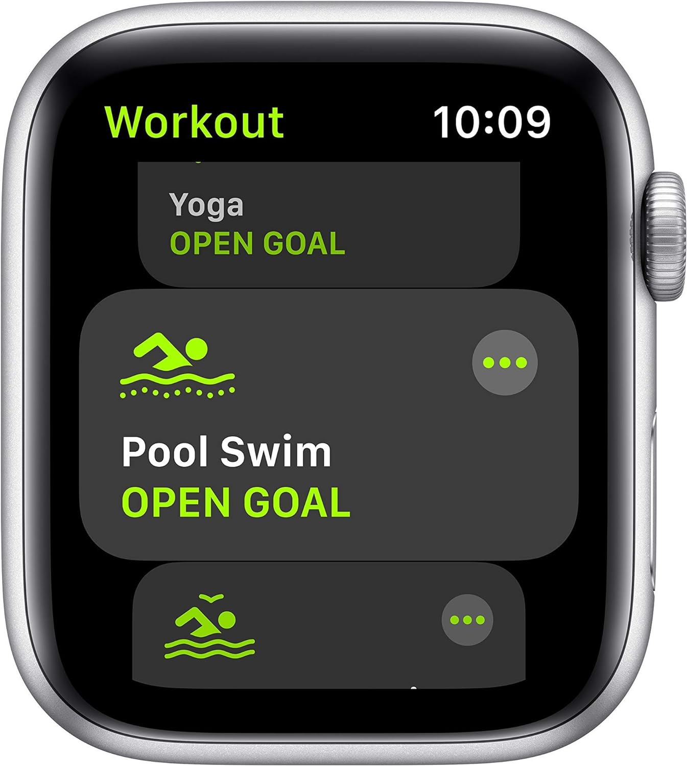 Workout  
10:09  

Yoga  
OPEN GOAL  

Pool Swim  
OPEN GOAL