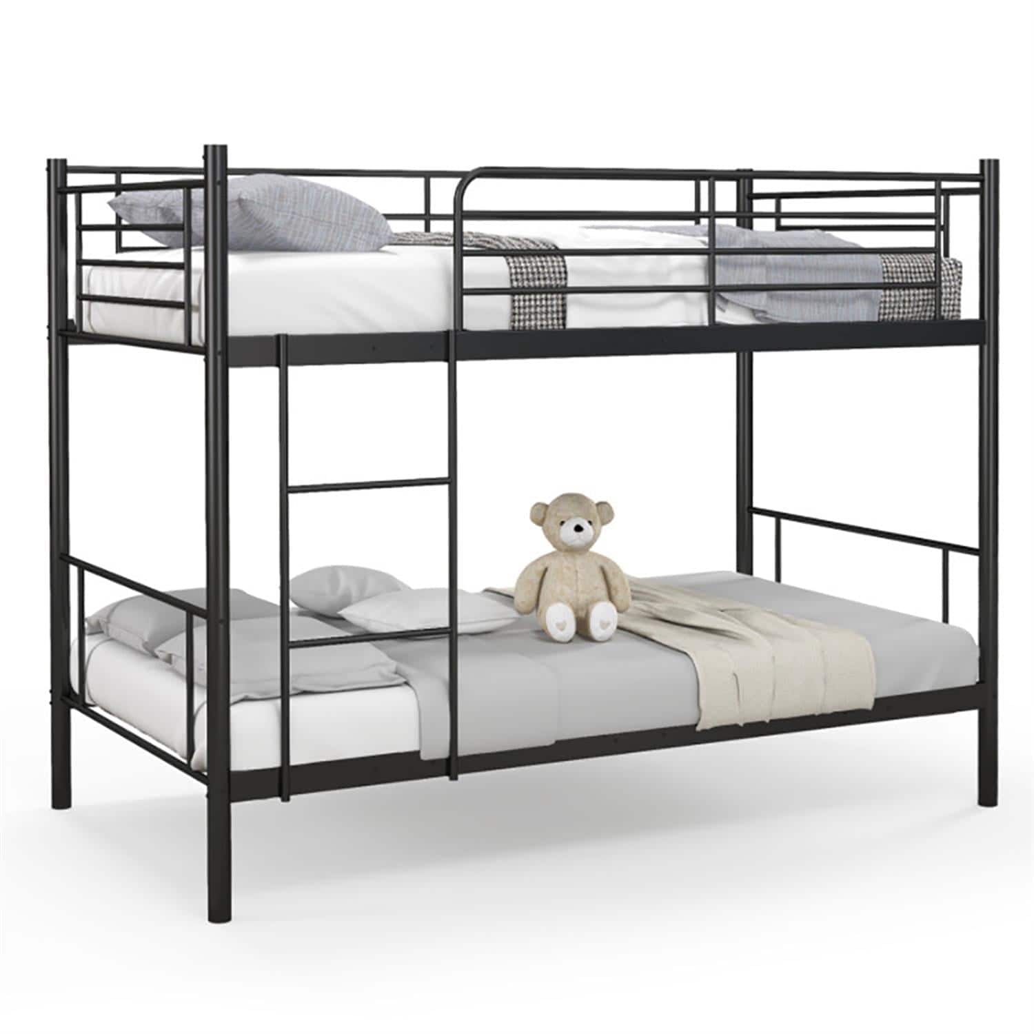 Pefilos - Metal Bunk Bed Frame Twin Over Twin with Ladder and Full-length Guardrails, Heavy Duty Metal Bed Frame - Black