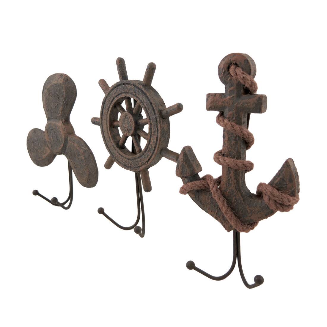 Alt View 1. Zeckos - Set of 3 Weathered Finish Anchor Prop and Wheel Nautical Wall Hooks - Brown.