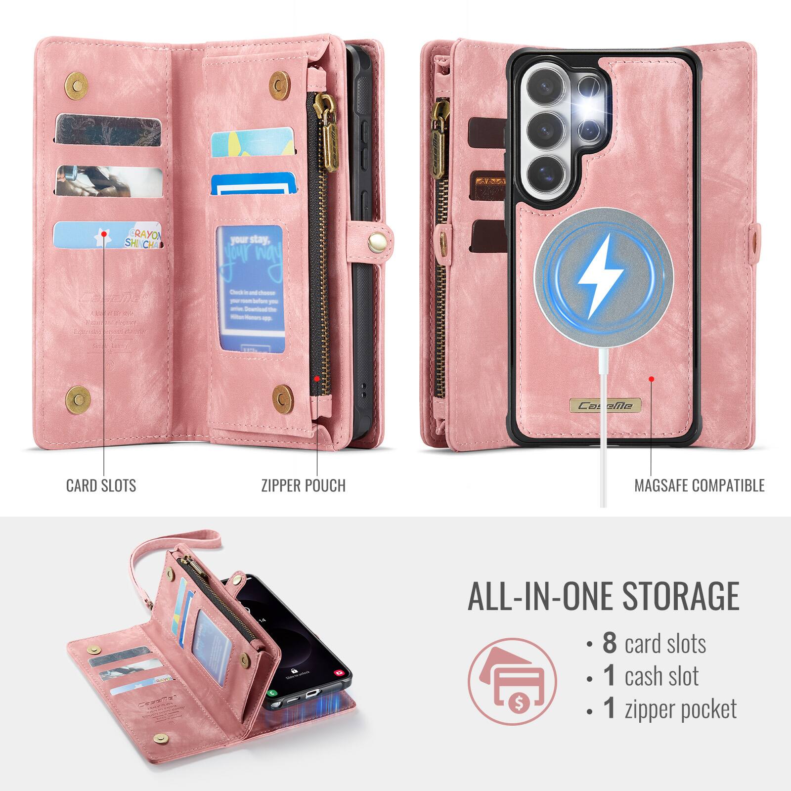 RAYO SH CH MRE - - CRes PROLET FS your stay, 4 r Deck . - - - Satere - - Seentoad - - - - I  Ce aia CARD SLOTS ZIPPER POUCH MAGSAFE COMPATIBLE ALL-IN-ONE STORAGE 8 card slots 1 cash slot 1 pocket zipper