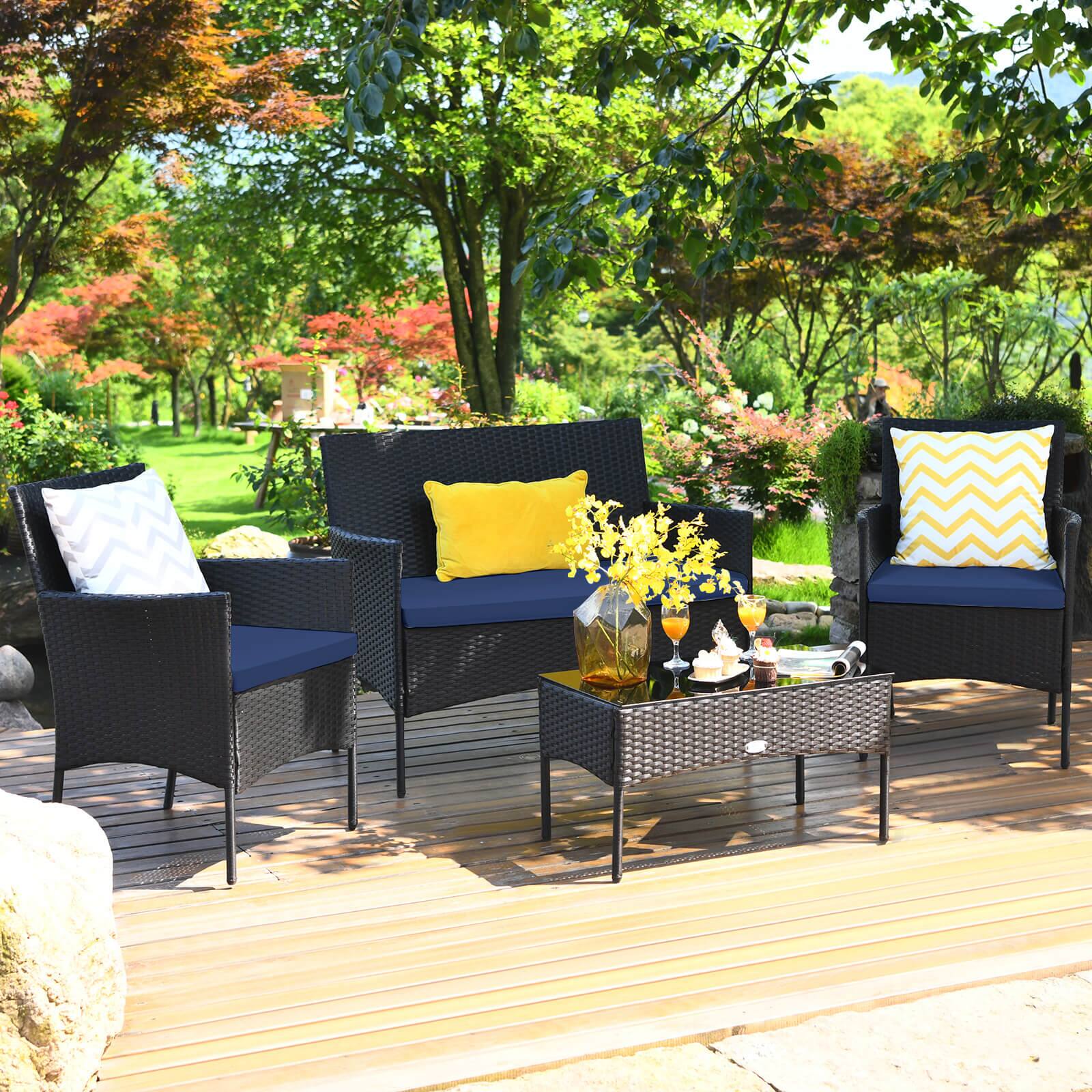 Alt View 6. Costway - 8 PCS Patio Rattan Furniture Set Cushioned Sofa Coffee Table Backyard Porch - Navy + Black.