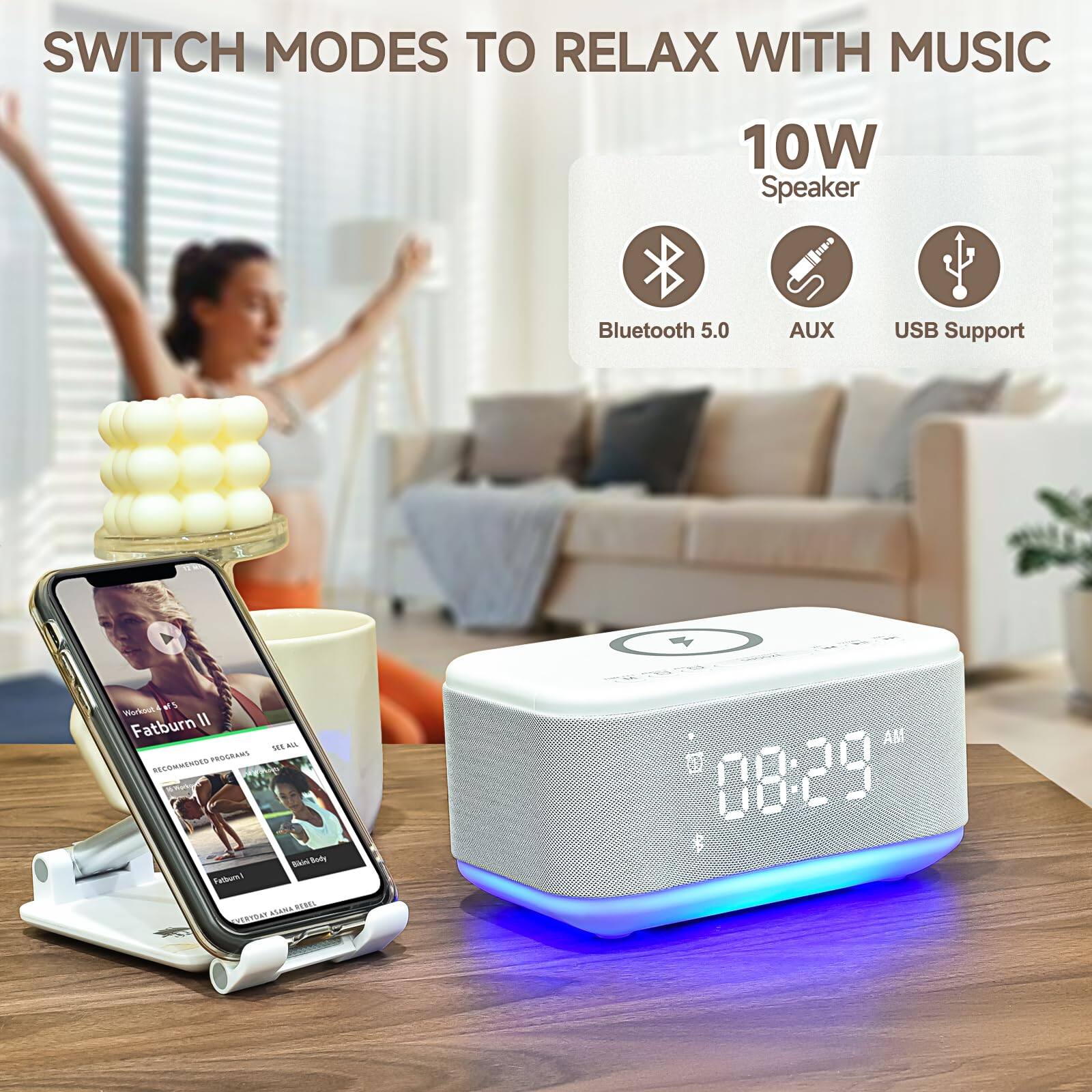 SWITCH MODES TO RELAX WITH MUSIC

10W Speaker
- Bluetooth 5.0
- AUX
- USB Support

08:29 AM