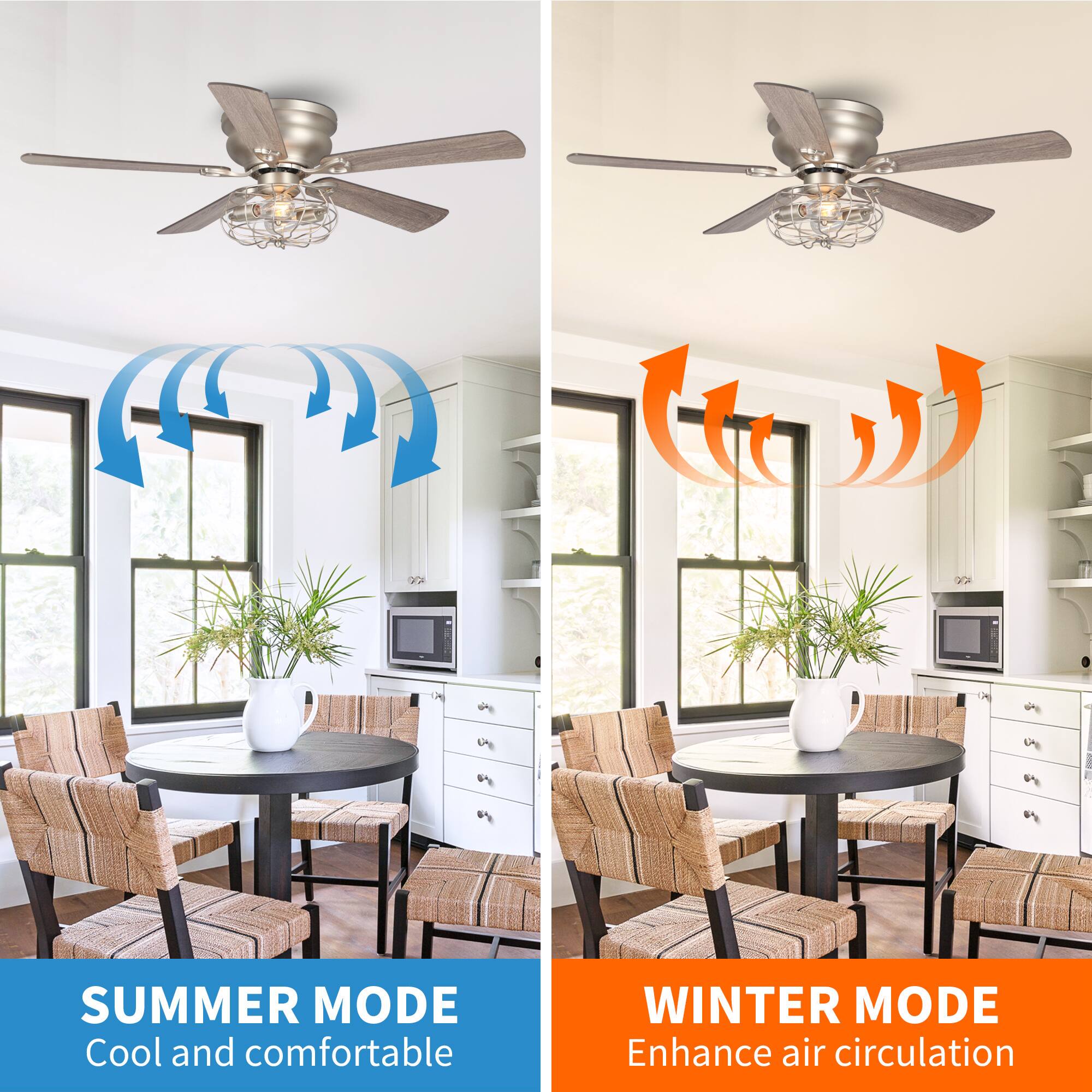 SUMMER MODE  
Cool and comfortable  

WINTER MODE  
Enhance air circulation