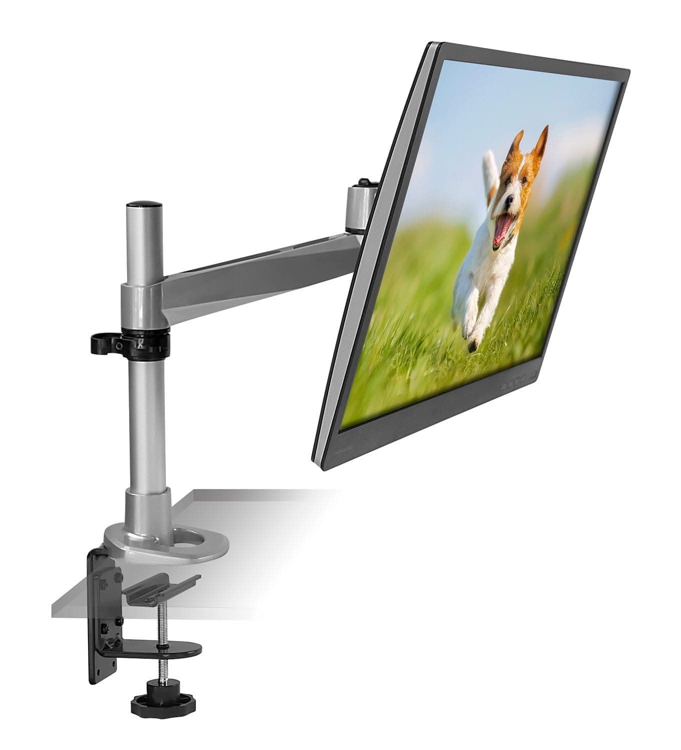 Angle. Mount-It! - Single Articulating Desk Monitor Mount for Up to 32″ Screens – Full Motion Clamp & Grommet, Silver - Silver.