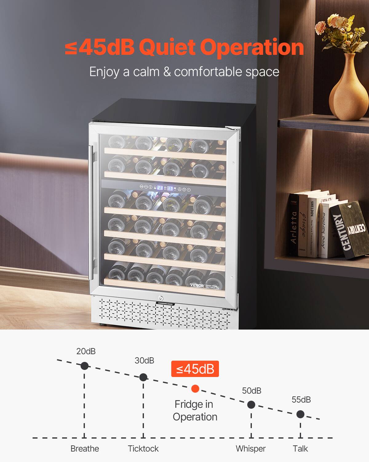 ≤45dB Quiet Operation  
Enjoy a calm & comfortable space  

≤45dB  
Fridge in Operation  

20dB - Breathe  
30dB - Ticktock  
50dB - Whisper  
55dB - Talk