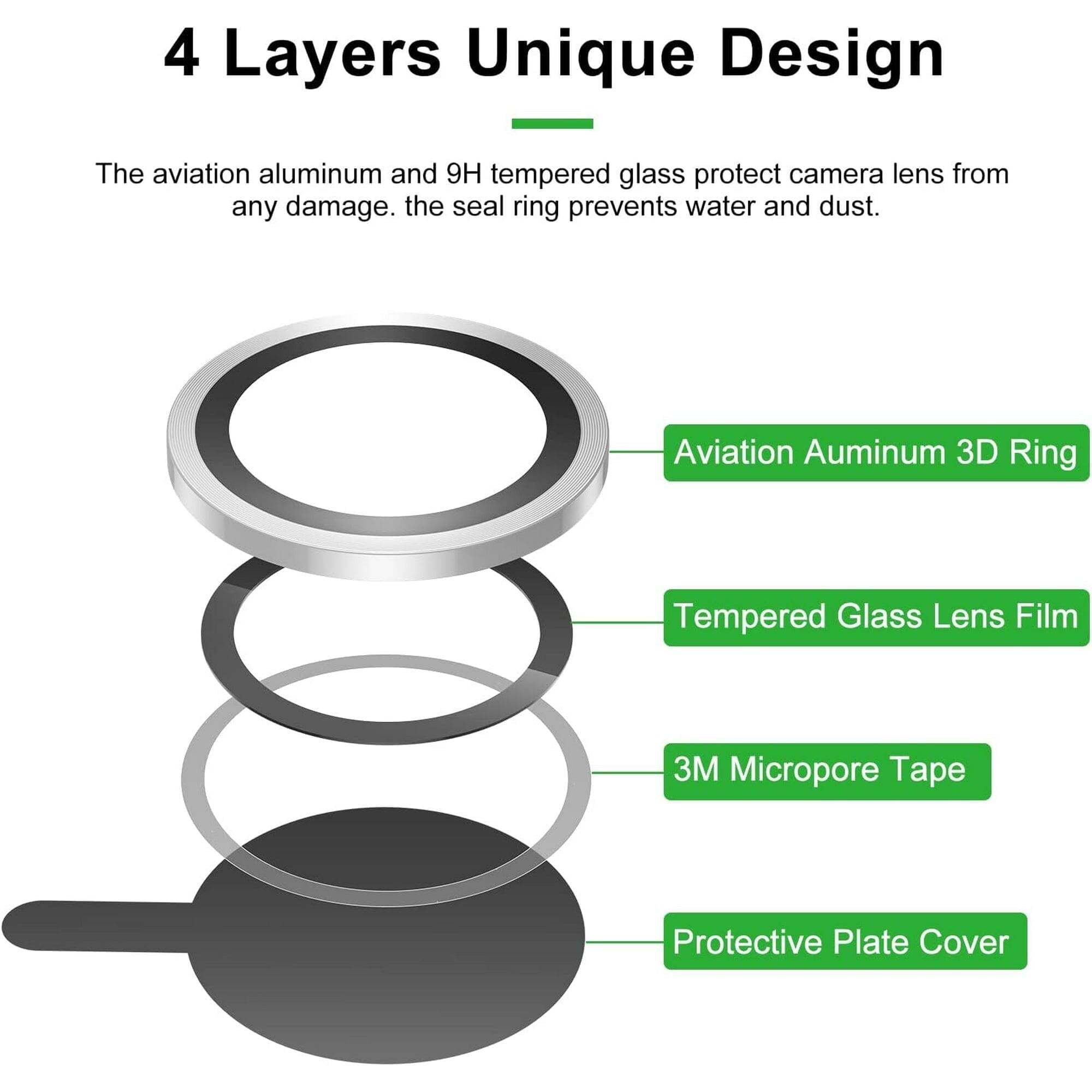 4 Layers Unique Design

The aviation aluminum and 9H tempered glass protect camera lens from any damage. The seal ring prevents water and dust.

- Aviation Aluminum 3D Ring
- Tempered Glass Lens Film
- 3M Micropore Tape
- Protective Plate Cover