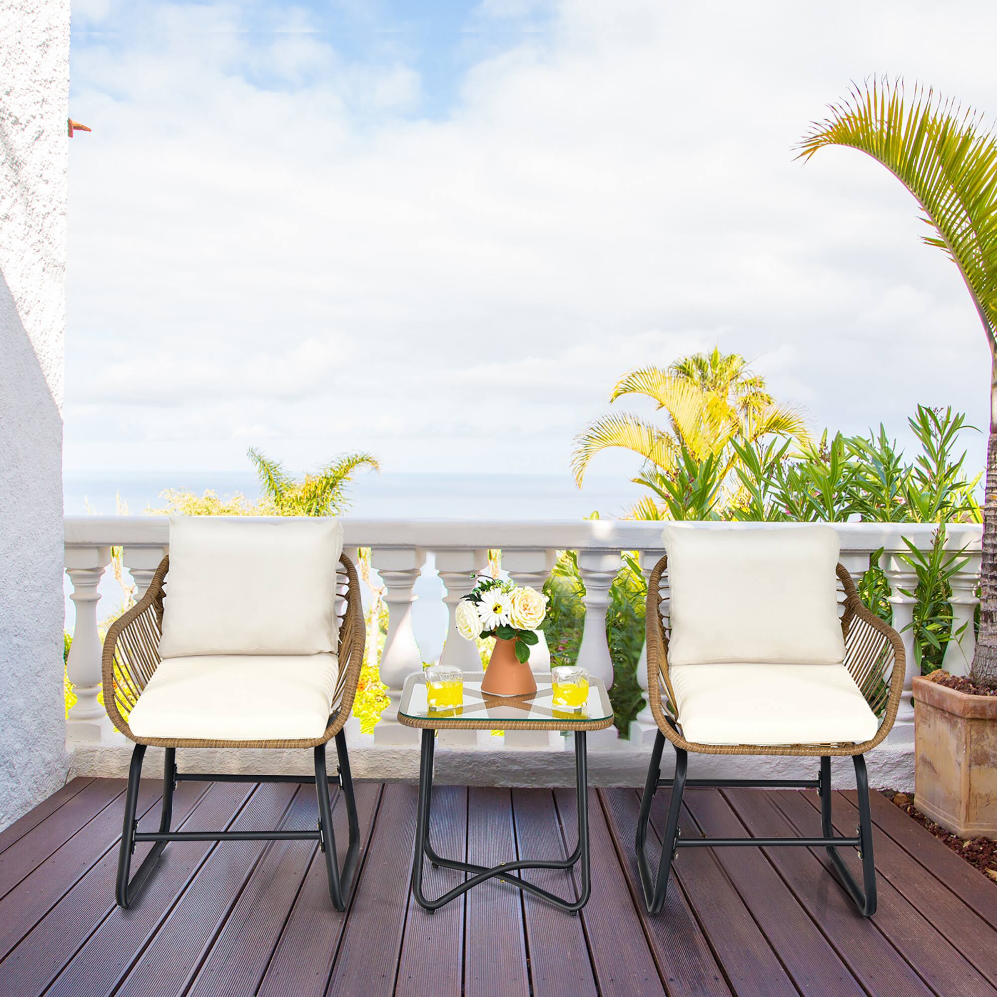 Alt View 1. Costway - Costway 3PCS Patio Rattan Bistro Set All-Weather Cushioned Chair Table - Off White.