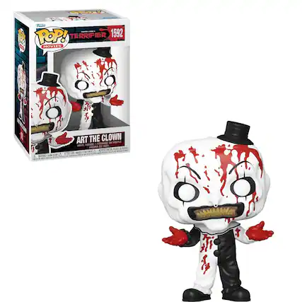 s Oeca I Furkt - - POP! TERRIFIER 1592 MOVIES I ART THE CLOWN FIGURINE IN VINYLE FIGURE 1 VINYL DE VINIL VIGURA 3 ADVERTENCIA ELGO F CTOUM A - ATTENTION OR DC - R - A MARNING 2OOE - !
