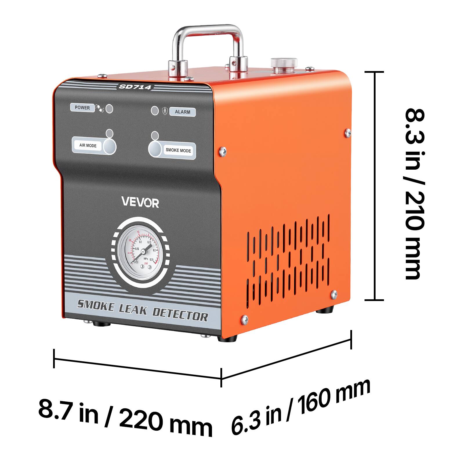 D714 POWER ALARM AIR MODE SMOKE MODE VEVOR + . N L8 1 O 2 5 i SMOKE LEAK DETECTOR 8.3 in / 210 mm 8.7 in / 220 mm 6.3 in / 160 mm