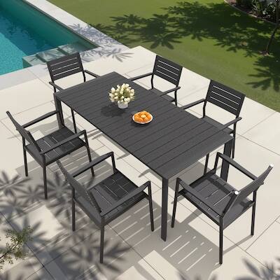 Front. Crestlive Products - Crestlive Products 7pc Patio Dining Set Aluminum Rectangle Table 6 Stackable Stationary Chairs No Armrest - Black-7PC.
