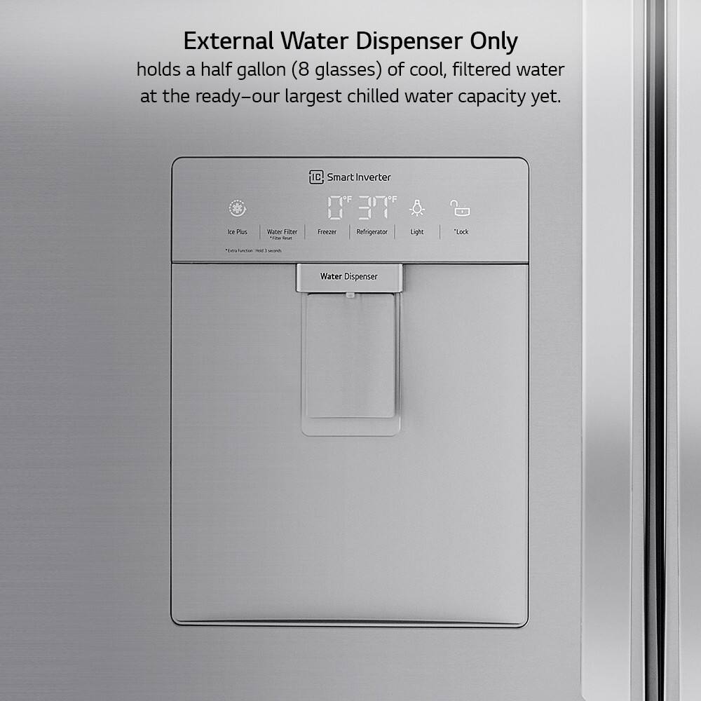 External Water Dispenser Only holds a half gallon (8 glasses) of cool, filtered water at the ready-our largest chilled water capacity yet. ICE Plus Water Filter Freezer Refrigerator Light "Lock" Water Dispenser