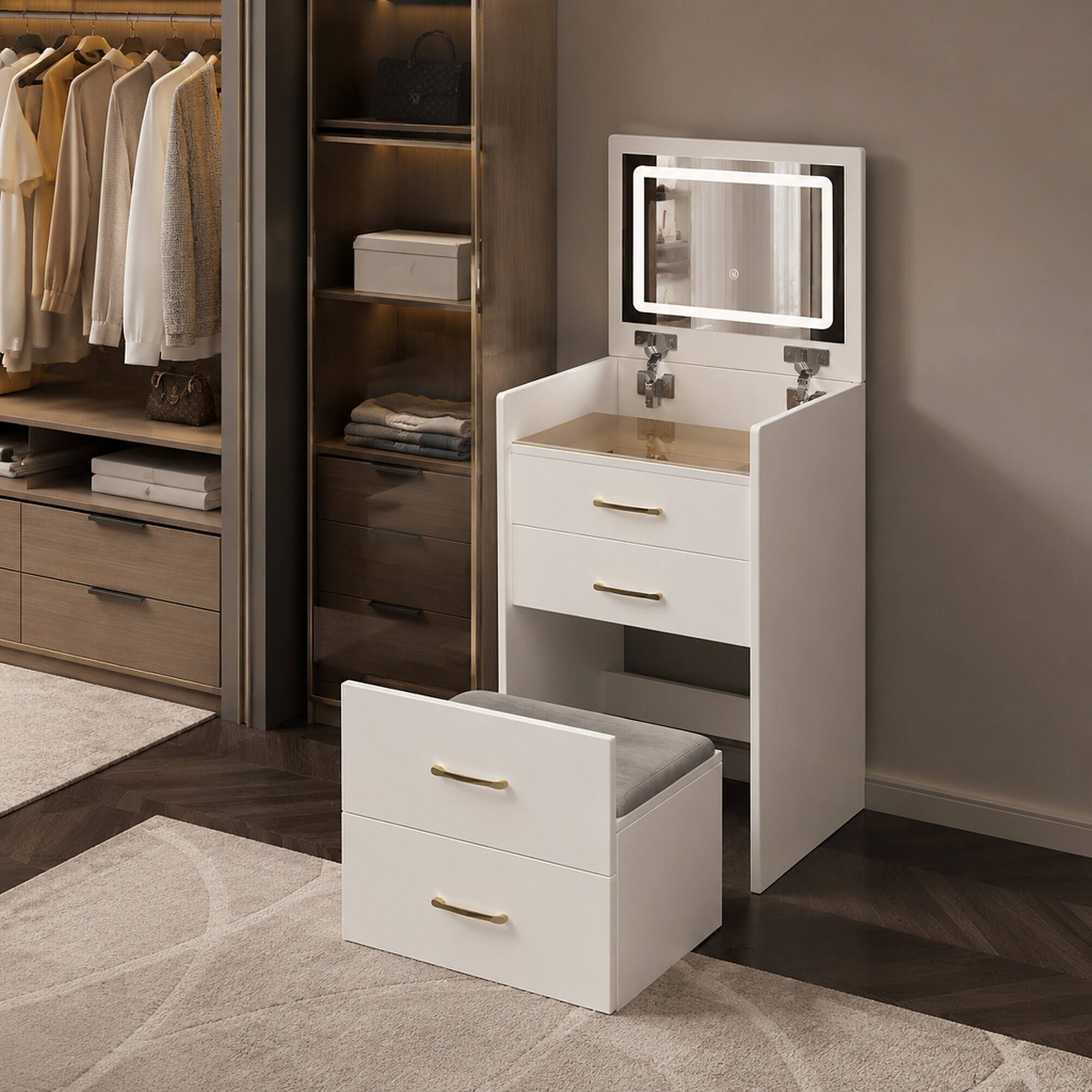 Left. RYHNUYNE - 3 in 1 Vanity Desk, Compact Makeup Table, Flip Up Mirror, Glass Top, 3 Drawers, Cushion Stool, Bedroom - White.
