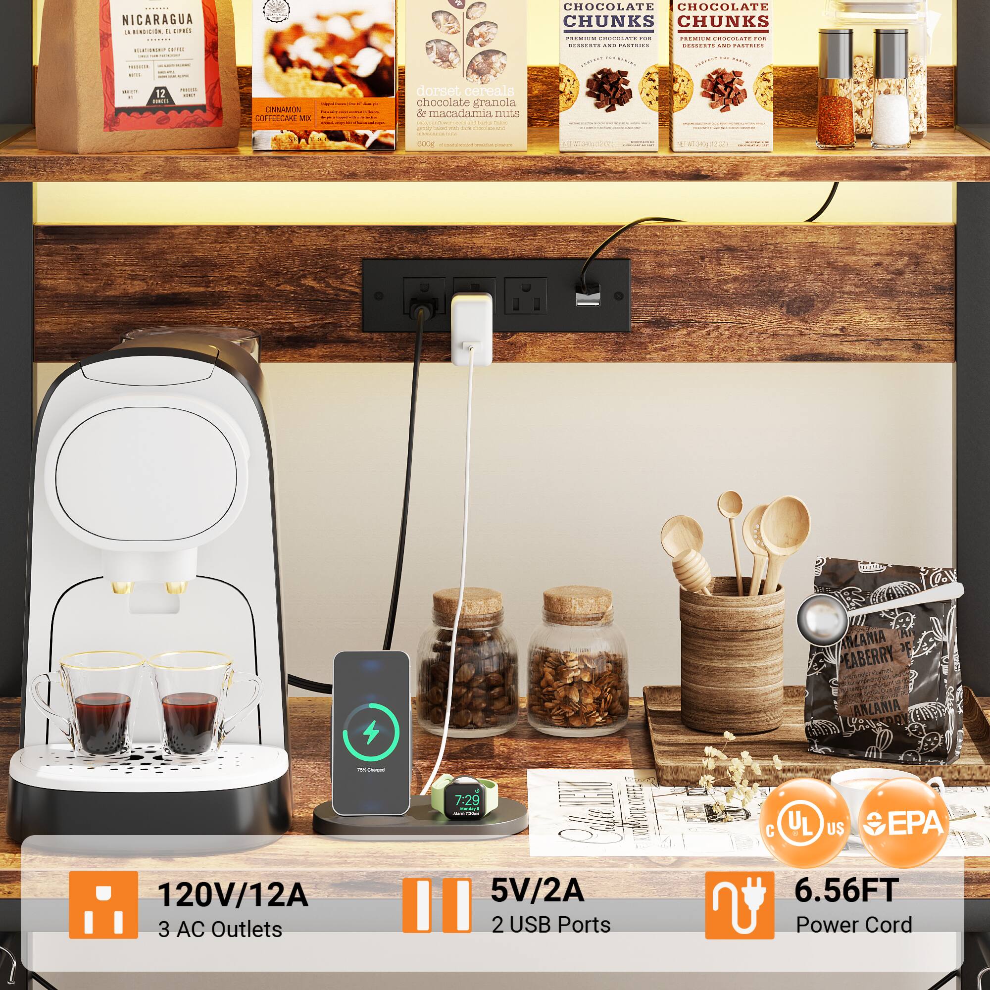 NICARAGUA  
100% ARABICA COFFEE  

dorset cereals chocolate granola de macadamia nuts  

CHOCOLATE CHUNKS  
PREMIUM CHOCOLATE FOR BAKING  

CHOCOLATE CHUNKS  
PREMIUM CHOCOLATE FOR BAKING  

120V/12A  
3 AC Outlets  

5V/2A  
2 USB Ports  

6.56FT Power Cord  

CUTIEY  
AANIA  
3 EABERRY ANLANIA  

UL US EPA