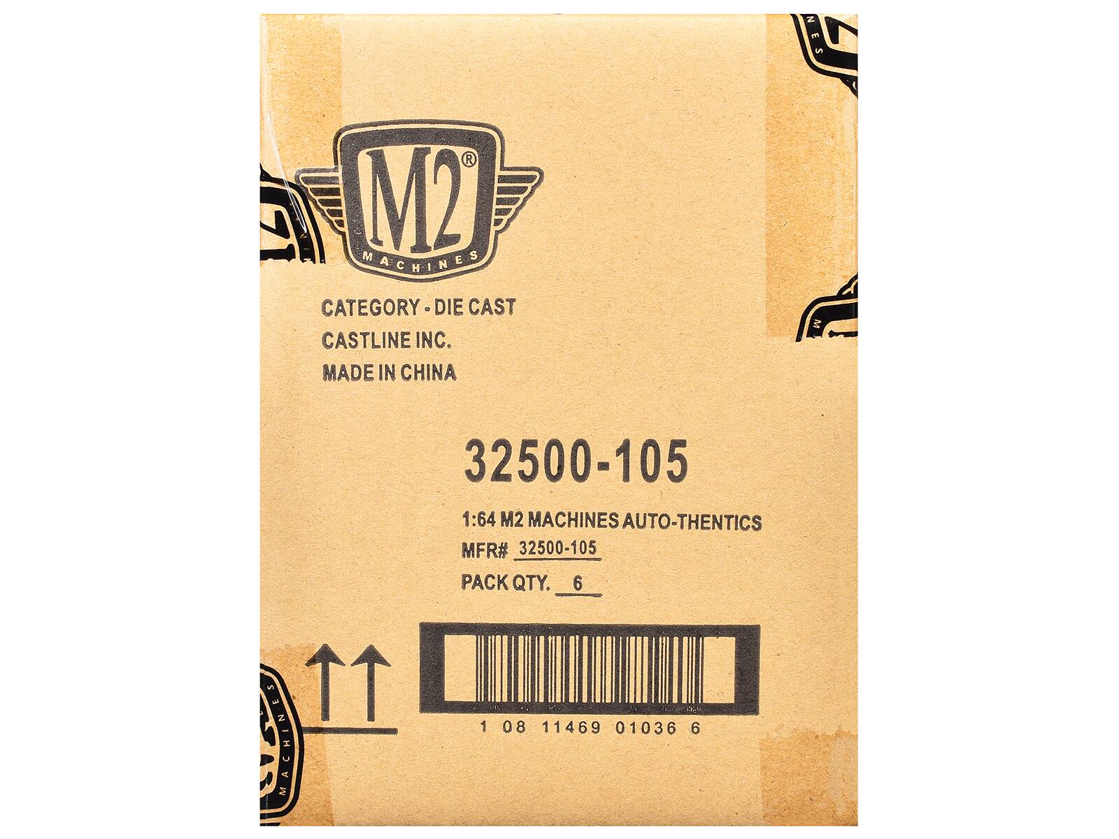 M2 MACHINES  
CATEGORY - DIE CAST  
CASTLINE INC.  
MADE IN CHINA  

32500-105  
1:64 M2 MACHINES AUTO-THENTICS  
MFR# 32500-105  
PACK QTY. 6  

1 08 11469 01036 6
