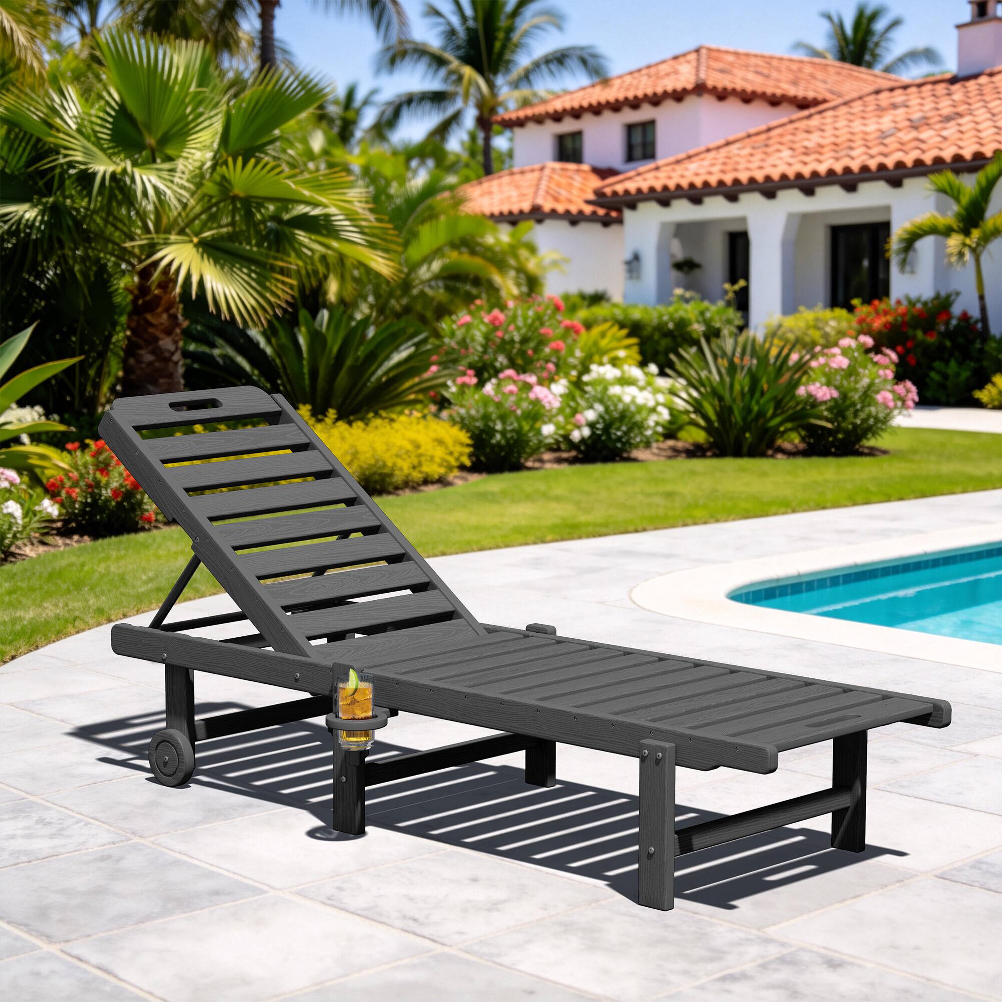 Alt View 7. SERWALL - SERWALL Outdoor Armless Chaise Lounge Chairs Set of 2 with Cupholder and Wheels, Grey - Grey.