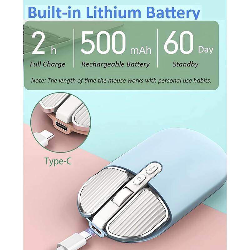 Built-in Lithium Battery

2 h Full Charge  
500 mAh Rechargeable Battery  
60 Day Standby

Note: The length of time the mouse works with personal use habits.

Type-C