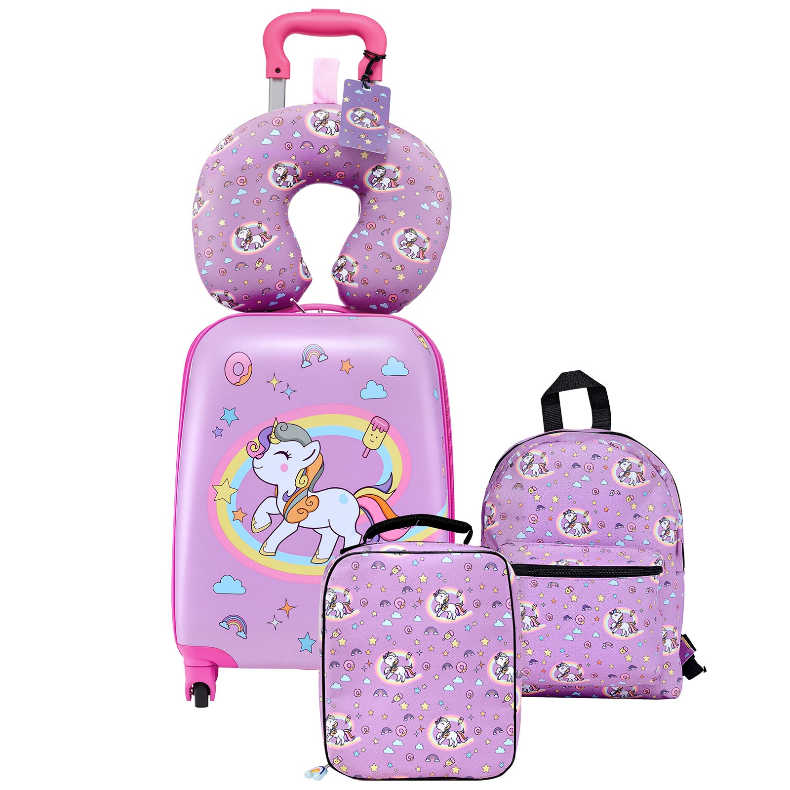 VEVOR - Kids Luggage Set, 5 Piece, 18 Inch Hardside Rolling Wheels Suitcase with Backpack & U-shape Pillow, Unicorn Kids Carry - Pink