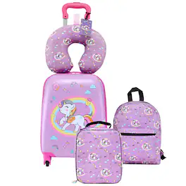 VEVOR - Kids Luggage Set, 5 Piece, 18 Inch Hardside Rolling Wheels Suitcase with Backpack & U-shape Pillow, Unicorn Kids Carry - Pink