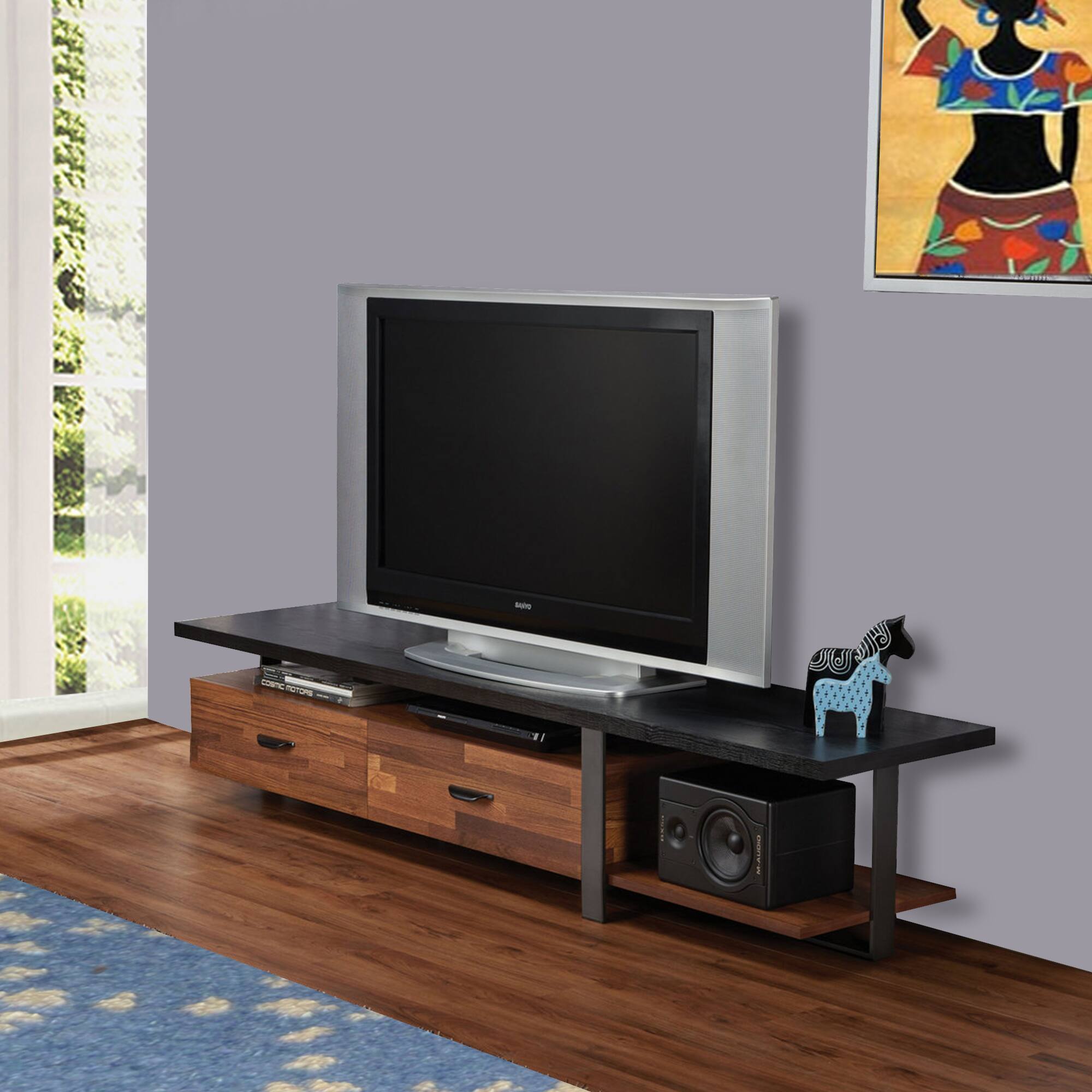 Alt View 5. Manhattan Lane - Metal Framed Wooden TV Stand Straight with Two Drawers and Open Shelf, Black and Brown - Brown and Black.