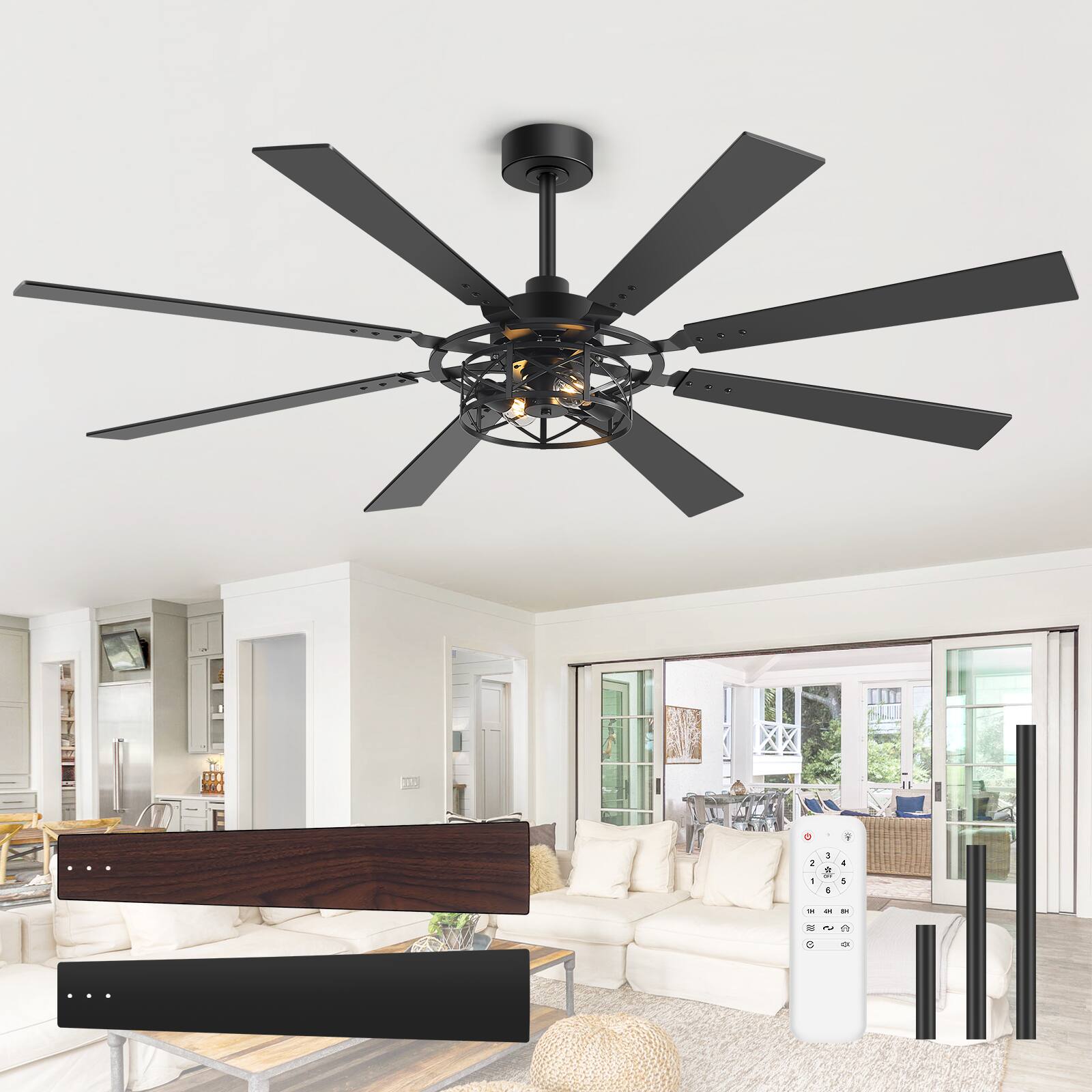 Angle. Breezary - 65-Inch Traditional Ceiling Fan with Dual Bulb Light Kit, 8 Reversible Blades, DC Motor, 6 Speeds, Remote & Timer - Black and Walnut.