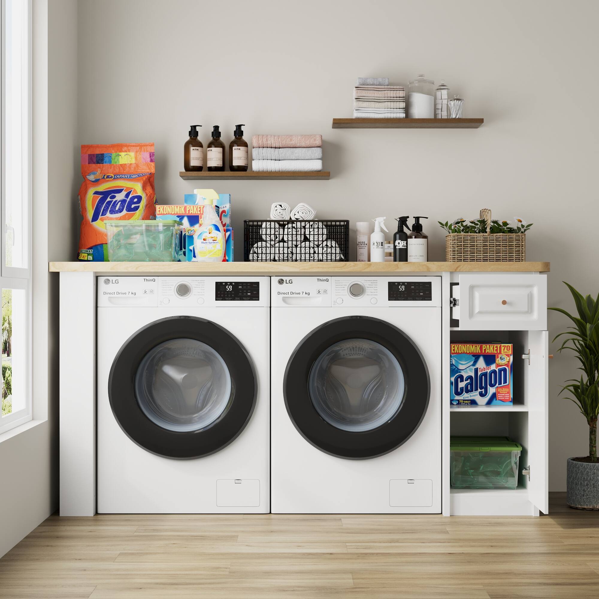 Sure, here is the corrected and grouped text from the image:

- Tide
- EKONOMIK PAKET
- ThinQ
- Direct Drive 7kg
- 59
- LG
- EKONOMIK PAKET
- Calgon
- EKONOMIK PAKET 70