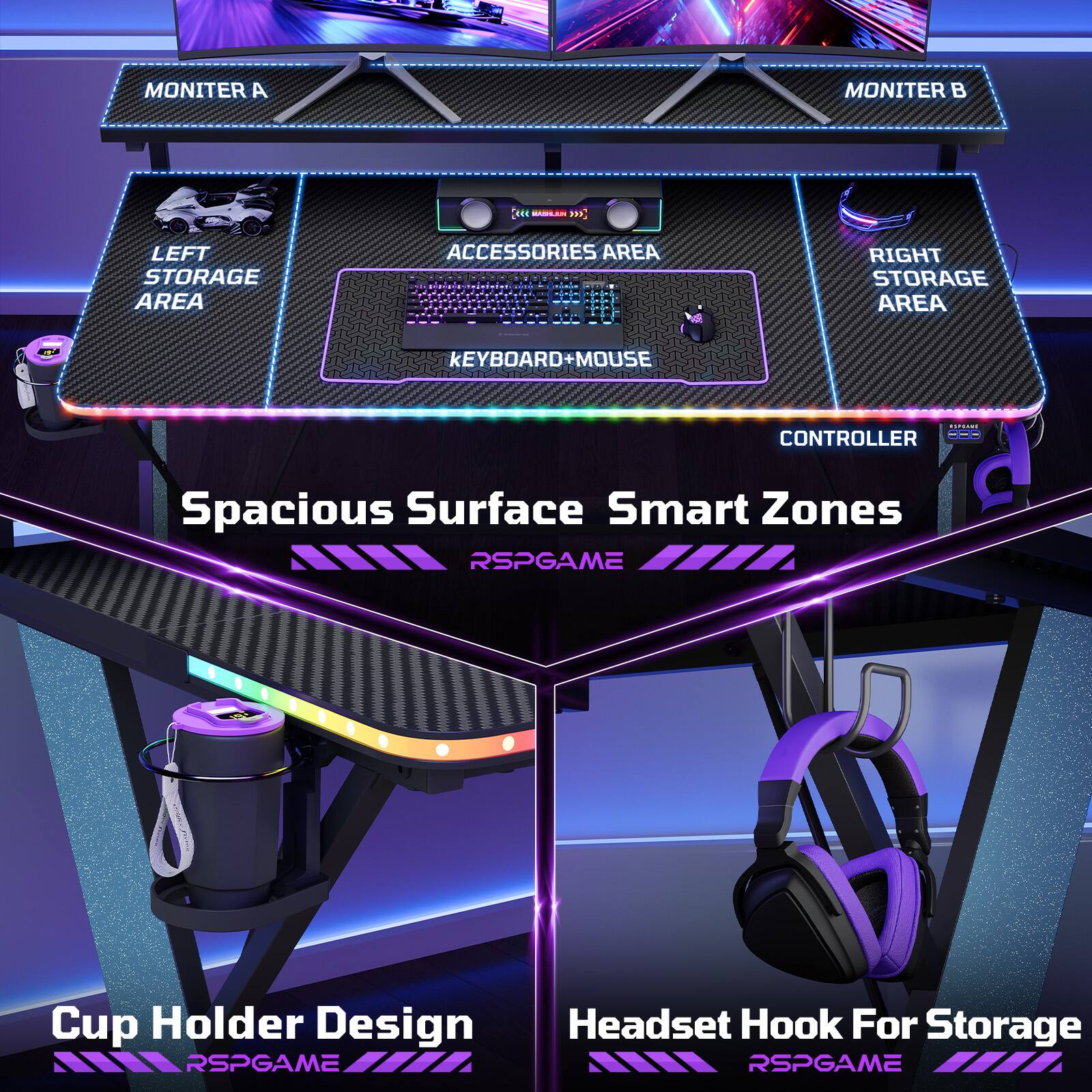 MONITER A MONITER B  
Zoee - 4e LEFT STORAGE AREA ACCESSORIES AREA RIGHT STORAGE AREA KEYBOARD+MOUSE o.d... CONTROLLER  
Spacious Surface Smart Zones  
Cup Holder Design  
Headset Hook For Storage  
RSPGAME