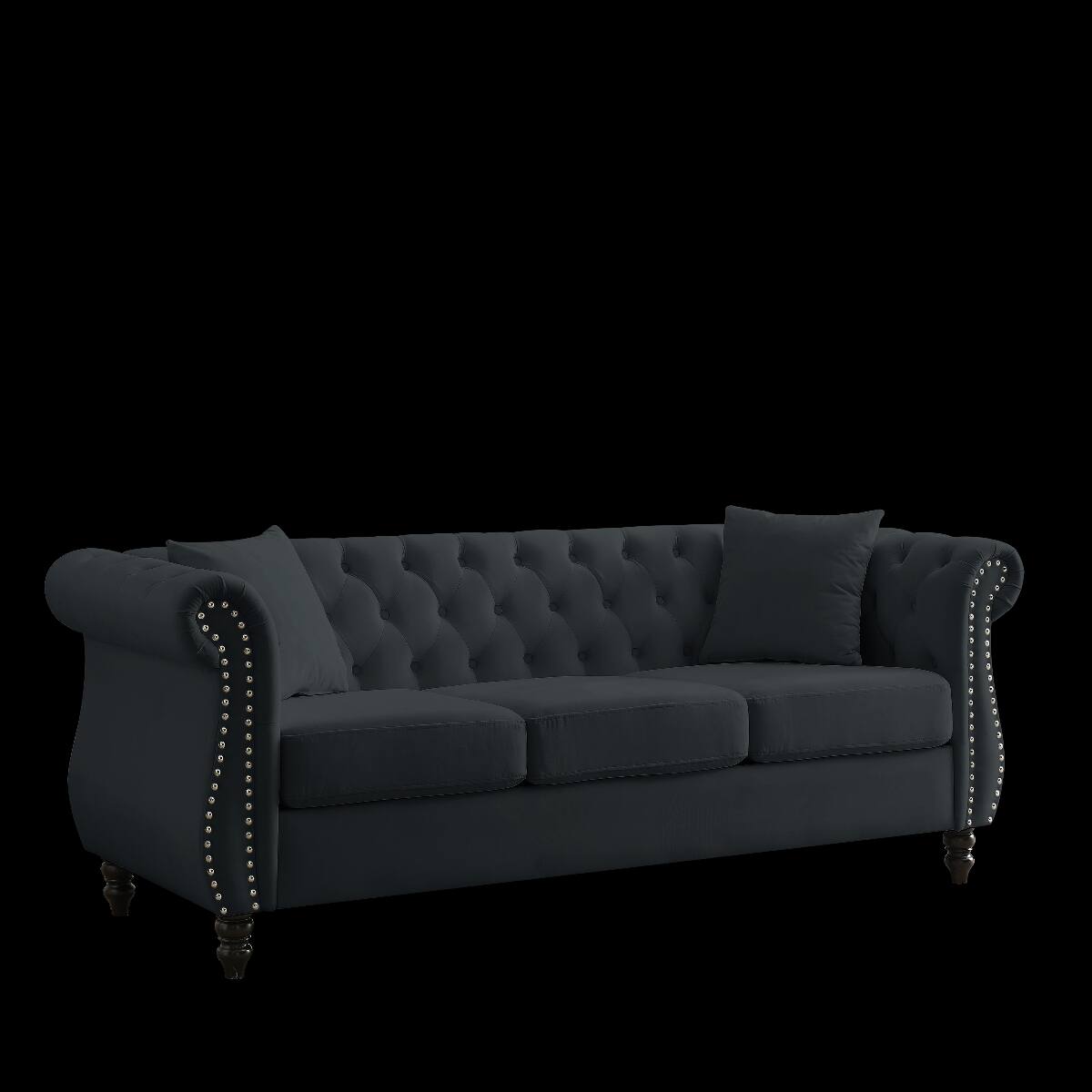 Alt View 10. Ropilly - Ropilly 80 Inch Black Velvet Chesterfield Sofa, 3 Seater Tufted Couch with Rolled Arms and Nailhead Trim - Black.