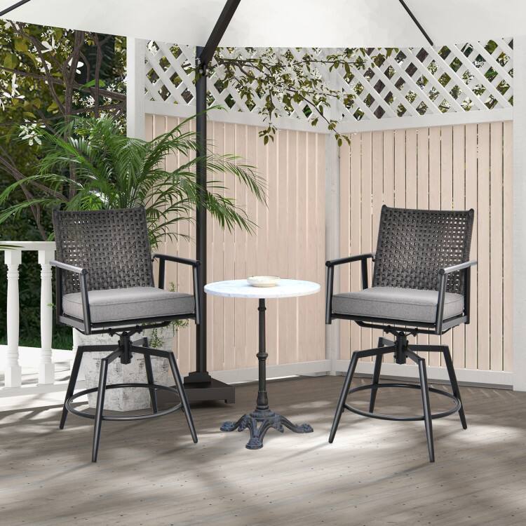 Angle. Mondawe - Set of 2 360 Degree Swivel Bar Stool with Metal Frame and PE Rattan Backrest - Black.