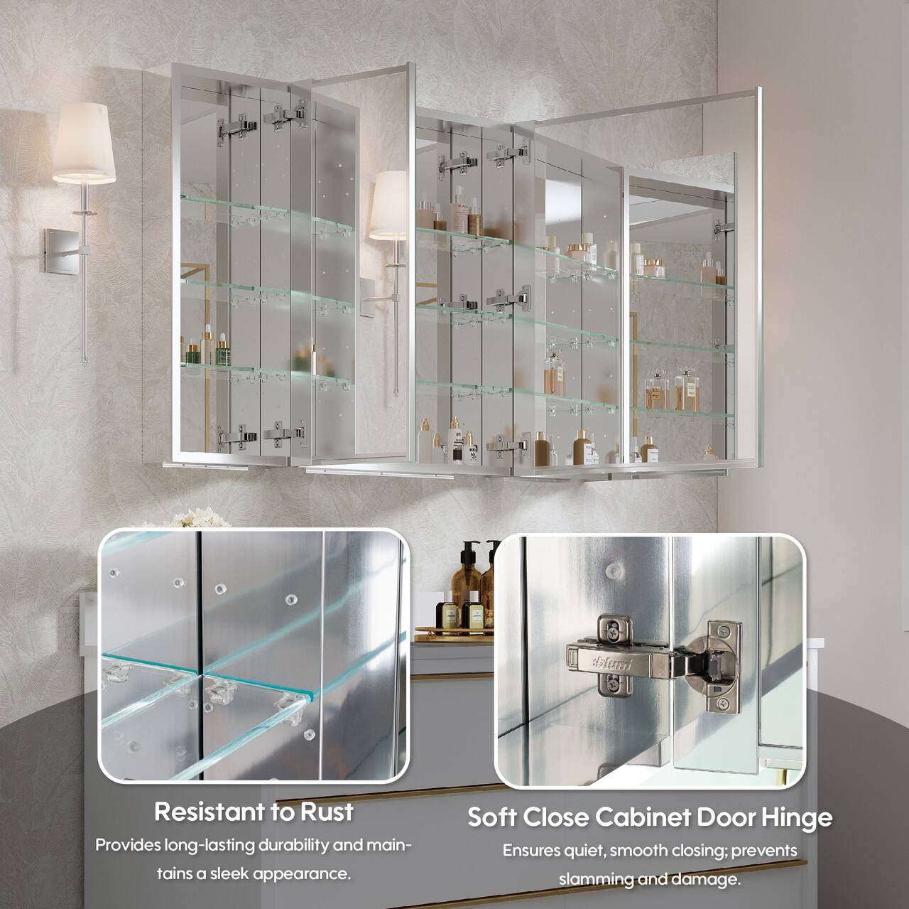 Resistant to Rust  
Provides long-lasting durability and maintains a sleek appearance.  

Soft Close Cabinet Door Hinge  
Ensures quiet, smooth closing; prevents slamming and damage.