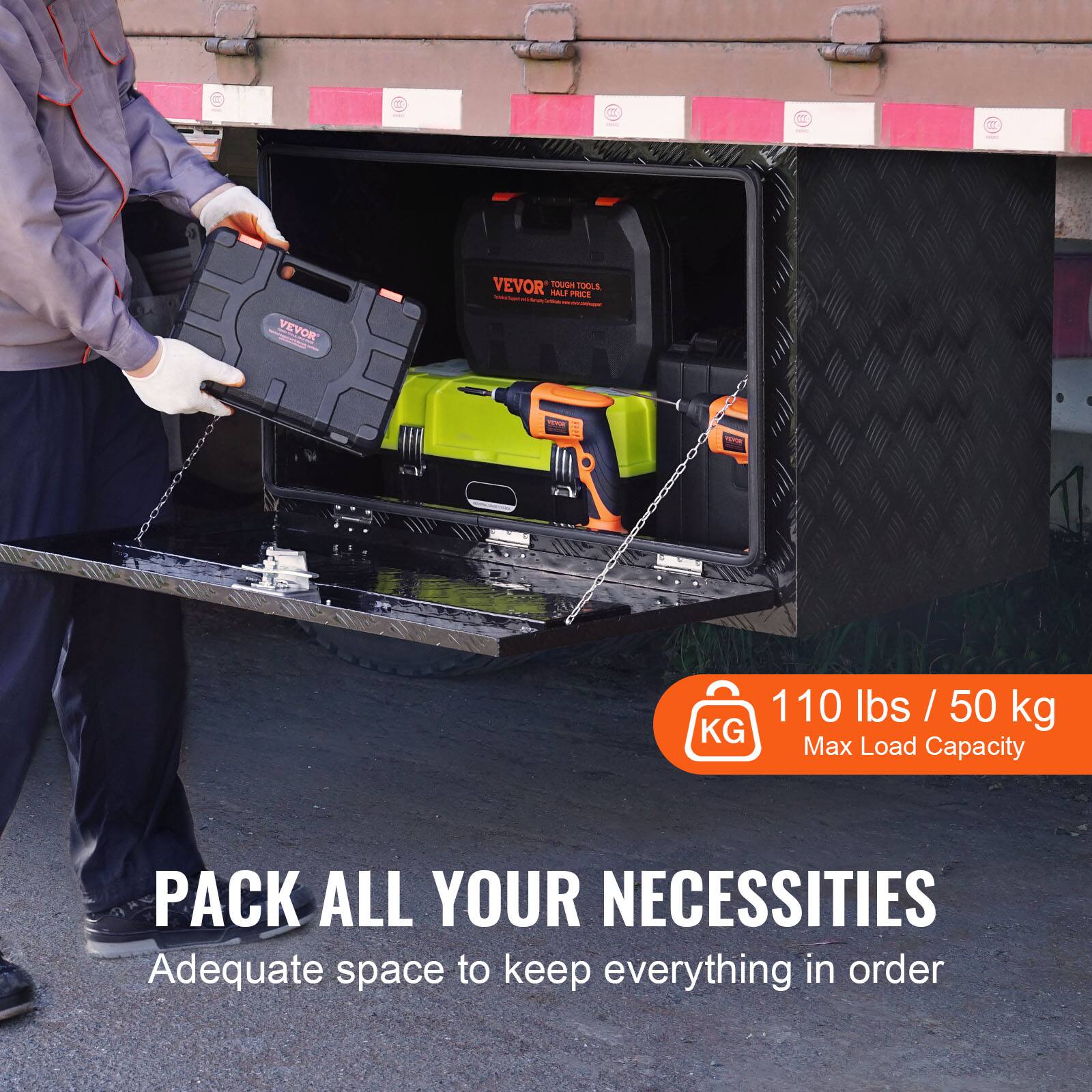 PACK ALL YOUR NECESSITIES

Adequate space to keep everything in order

VEVOR TOUGH TOOLS

110 lbs / 50 kg KG Max Load Capacity