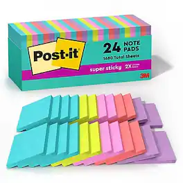 Post-it - Super Sticky Notes, 3" x 3", Supernova Neons Collection, 70 Sheet/Pad, 24 Pads/Pack - Multicolor