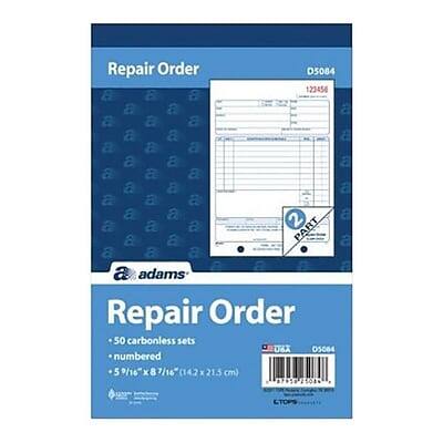 Repair Order  
D5084  
123456  

Repair Order  
D5084  
50 carbonless sets  
numbered  
5 9/16 x 8 7/16" (142 x 21.5 cm)  
87950  
29040  
CTOPS  

adams