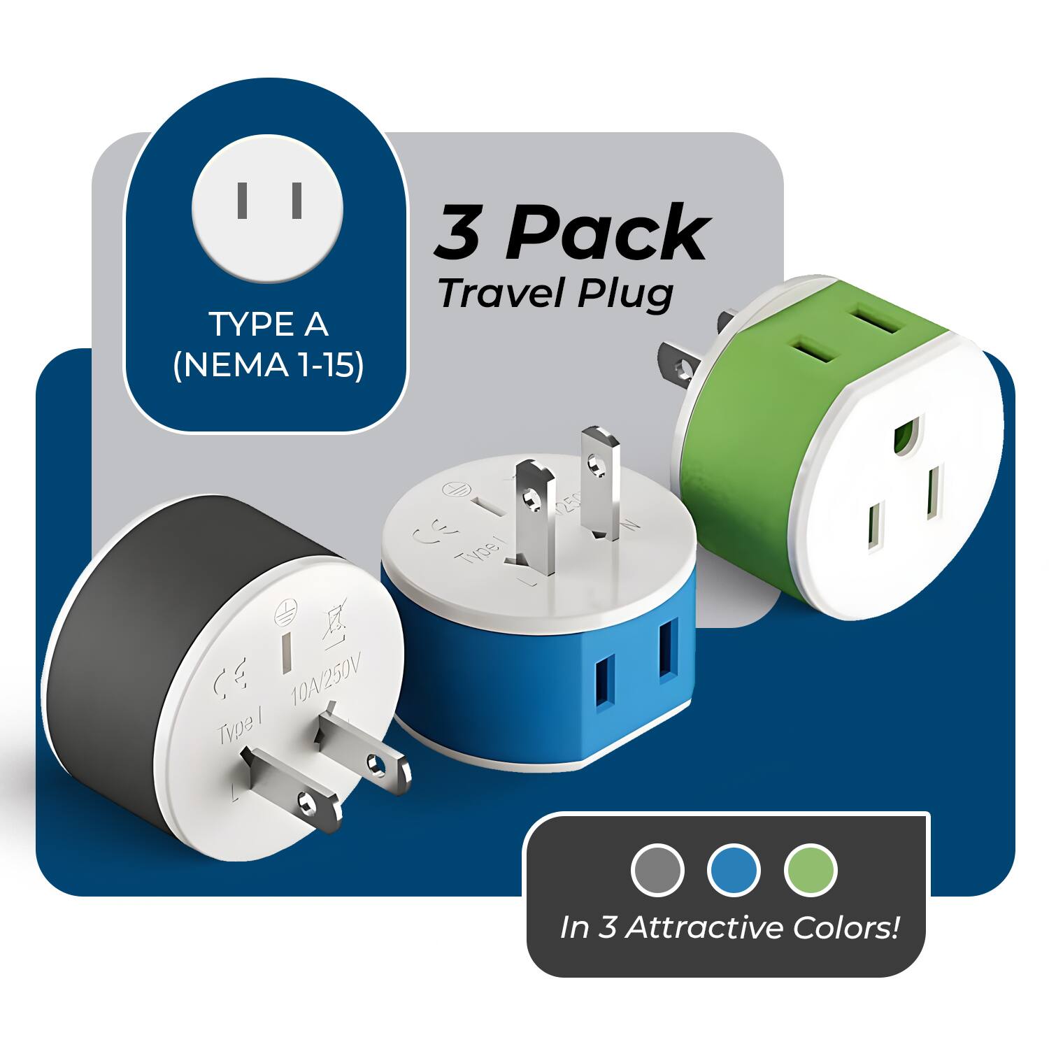 TYPE A (NEMA 1-15)  
3 Pack Travel Plug  
CE 10A/250V  
In 3 Attractive Colors!
