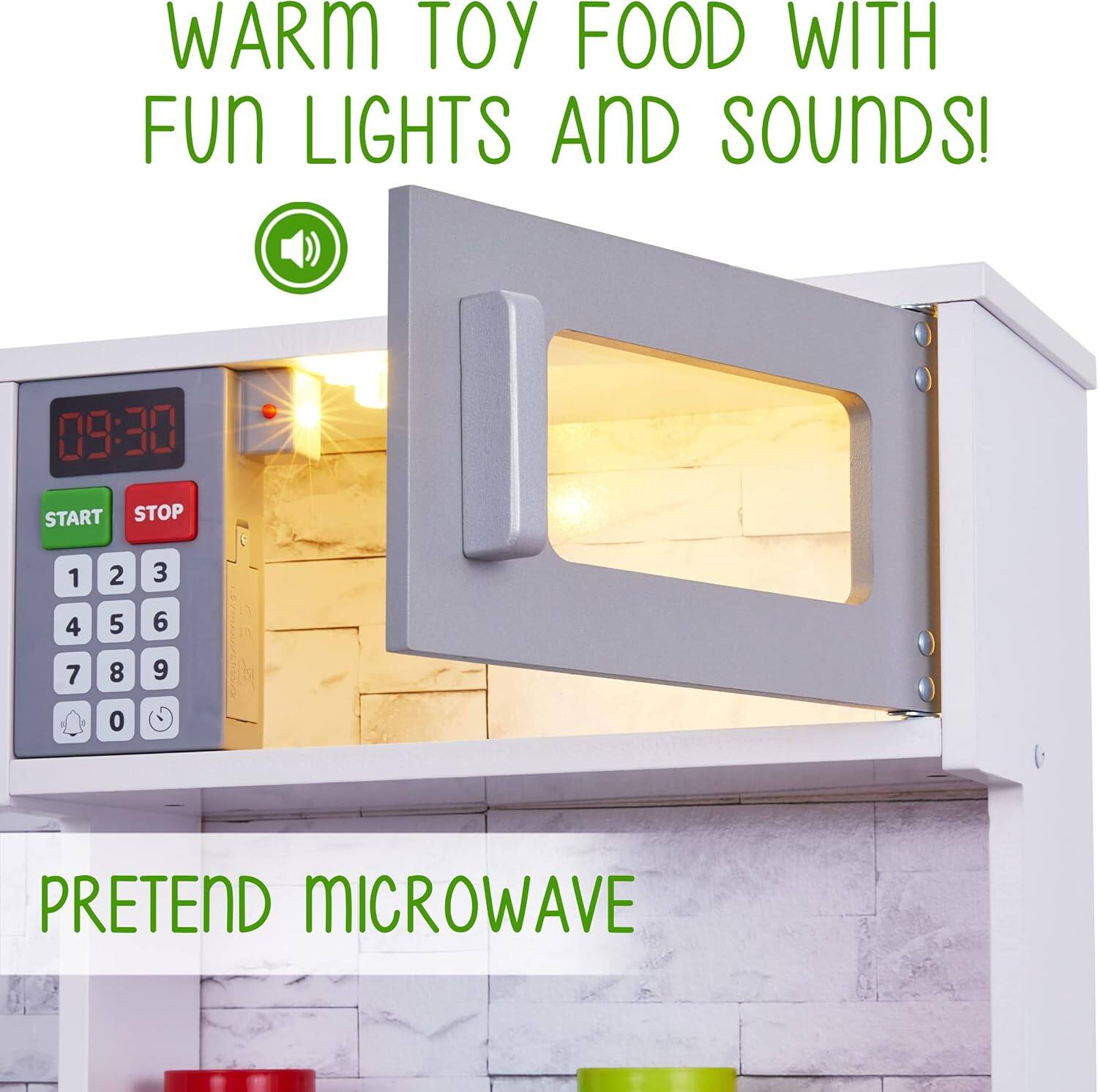 WARM TOY FOOD WITH FUN LIGHTS AND SOUNDS! 09:30 START STOP 1 2 3 4 5 6 7 8 9 0 PRETEND MICROWAVE