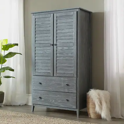 Front. Hivvago - FarmHome Louvered Distressed Grey Solid Pine Armoire - Grey.
