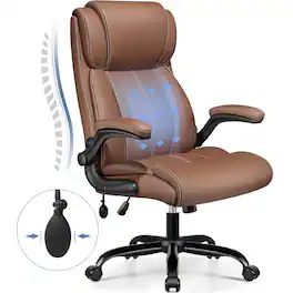 Brick Attic - 400 lbs High-Back Executive Office Chair with Adjustable Air Lumbar Flip-Up Armrests, Home Desk Rocking Computer Chair - Brown