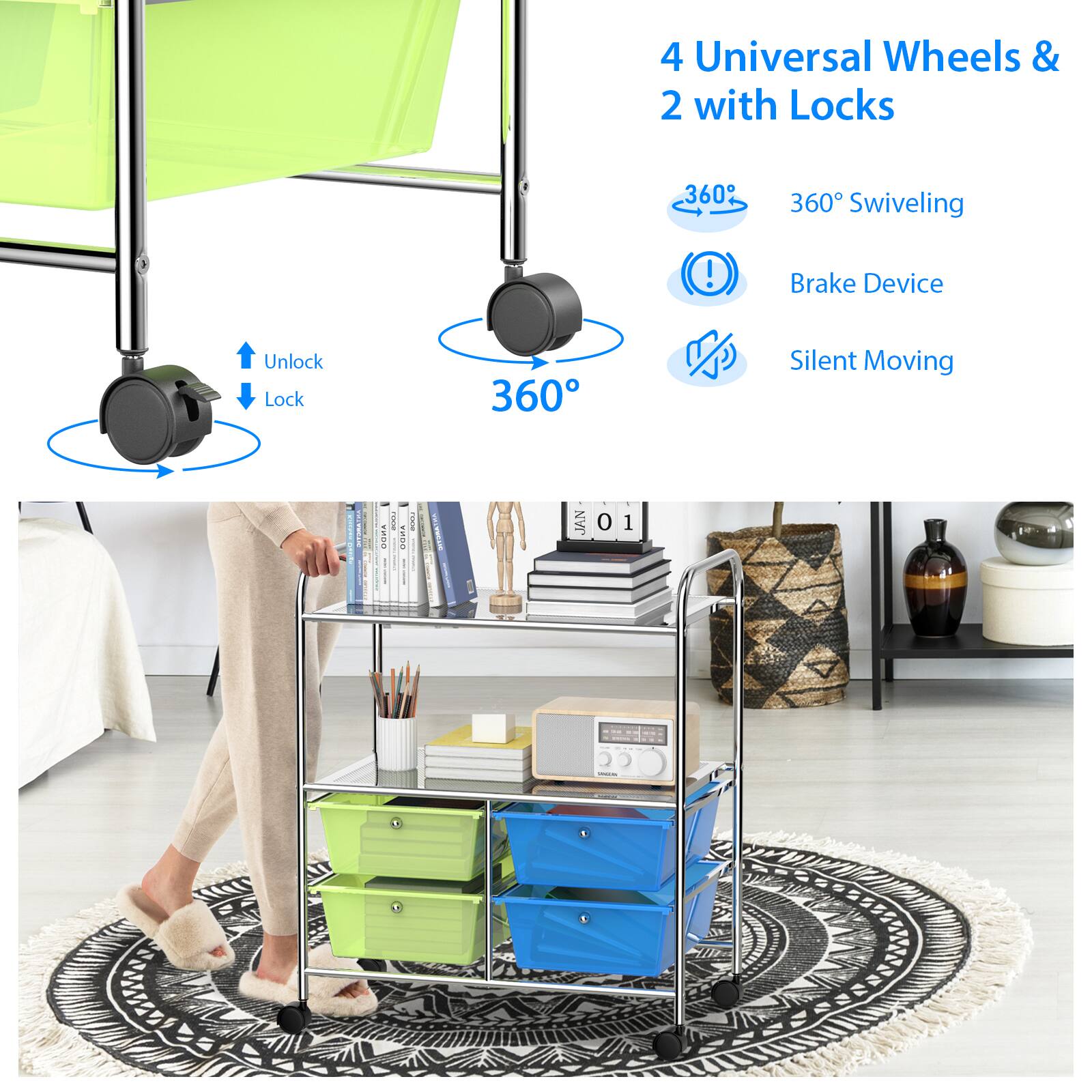 The text on the image reads: "4 Universal Wheels & 2 with Locks 360 360 Swiveling! Brake Device Unlock Lock 360 Silent Moving I! I I : : 8SO Sg JAN 0 1 CC |". This text is grouped and corrected as follows:

"4 Universal Wheels & 2 with Locks 360° Swiveling! Brake Device Unlock Lock 360° Silent Moving I! I I : : 8SO Sg JAN 0 1 CC |"