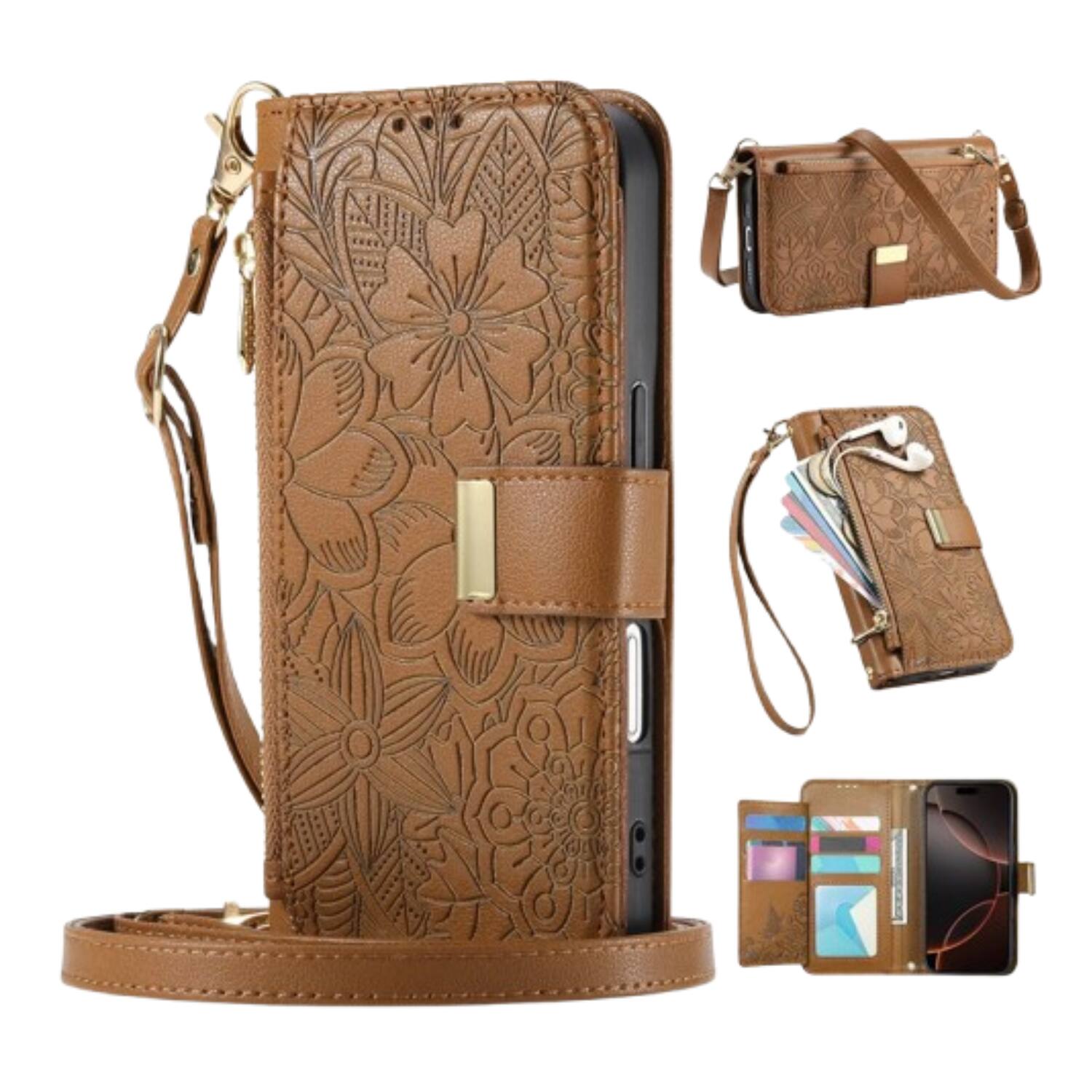 Angle. Stock Preferred - Crossbody Wallet Case for iPhone 17 Brown - Brown.