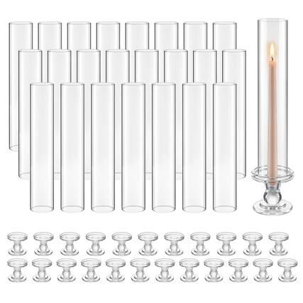Front. VEVOR - Hurricane Candle Holders Set of 24, 12.6 in Tall Clear Glass Taper Candle Holders, High Borosilicate Glass - Transparent.