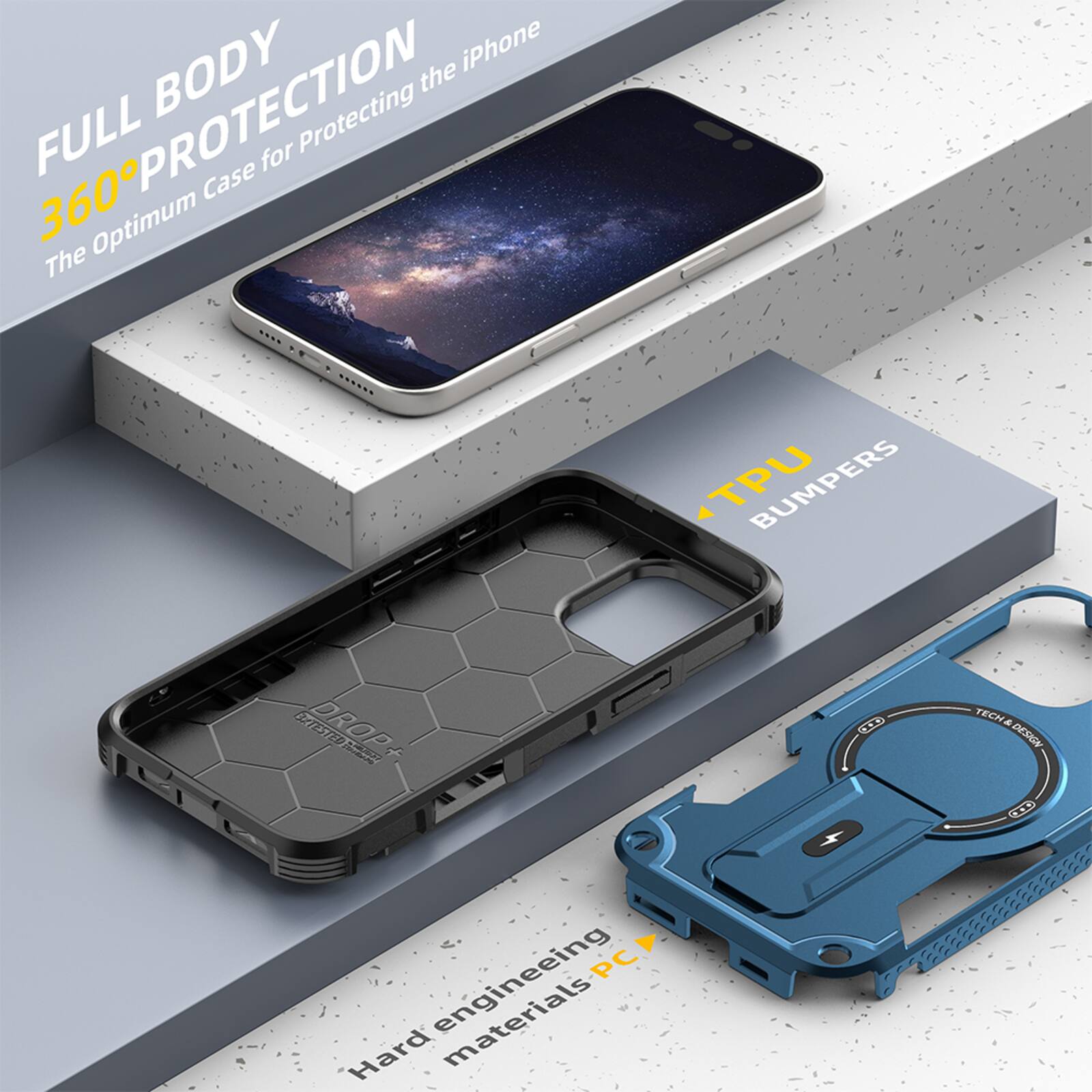 FULL BODY 360° PROTECTION  
The Optimum Case for Protecting the iPhone

TPU BUMPERS

Hard engineering materials PC
