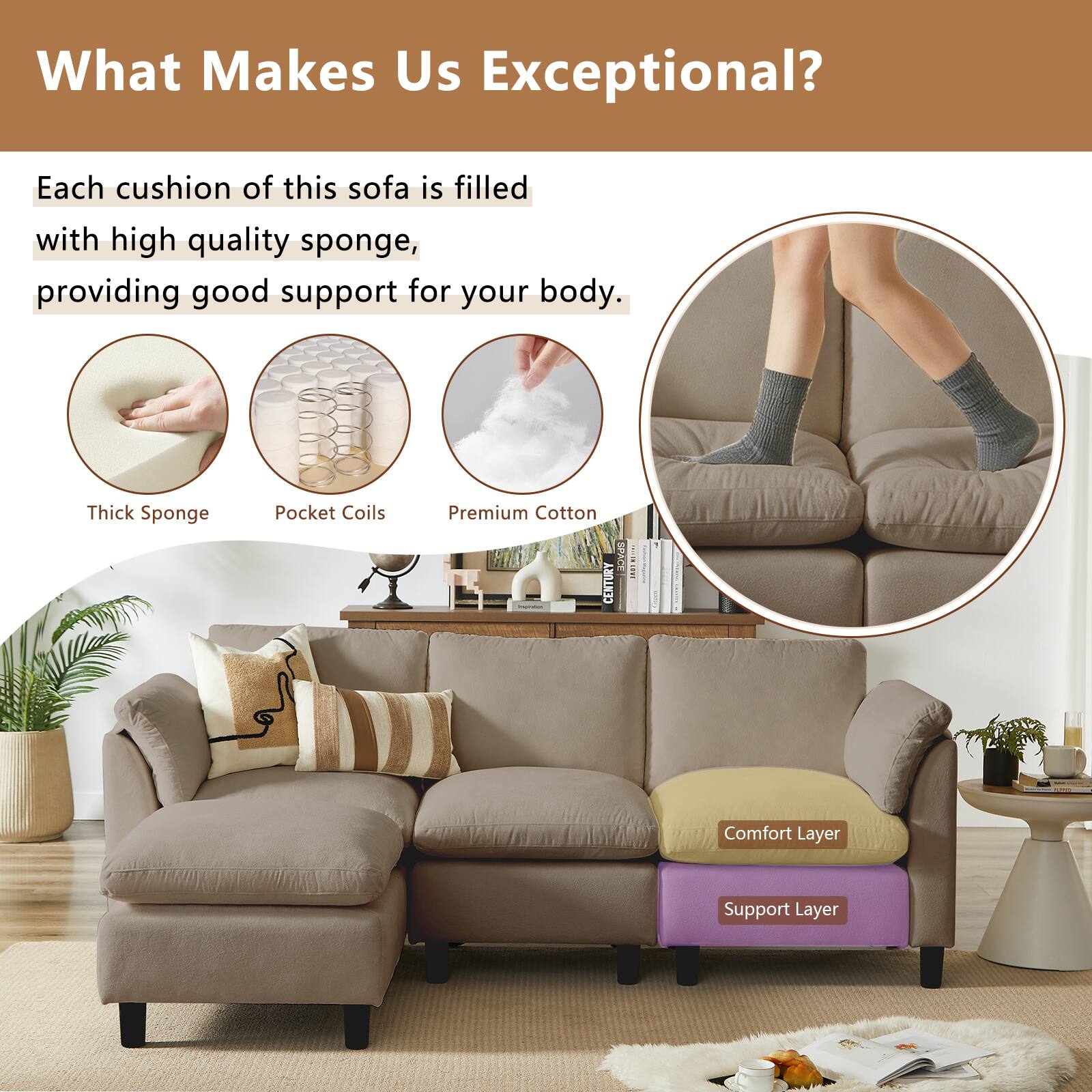 What Makes Us Exceptional? Each cushion of this sofa is filled with high quality sponge, providing good support for your body. Thick Sponge Pocket Coils Premium Cotton CENTURY I Comfort Layer Support Layer