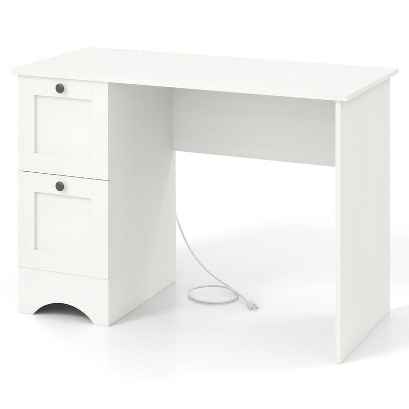 Alt View 4. WELLFOR - 43" Computer Desk with Power Outlets & 2 Drawers, Writing Studying Working Desk for Home Office - White.