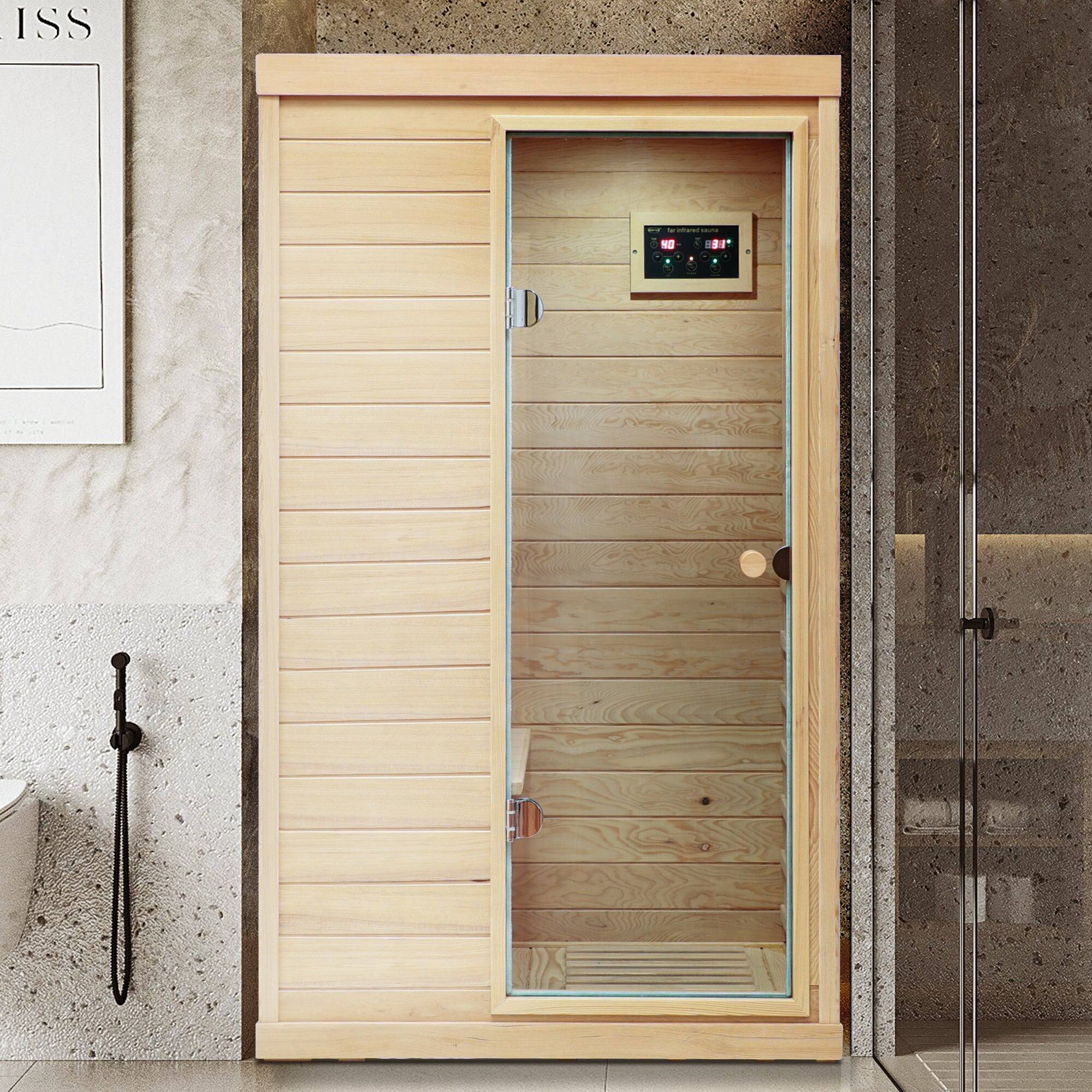 Front. Boyel Living - One Person Indoor Hemlock Infrared Sauna Room with Right Side Glass Door - Natural.